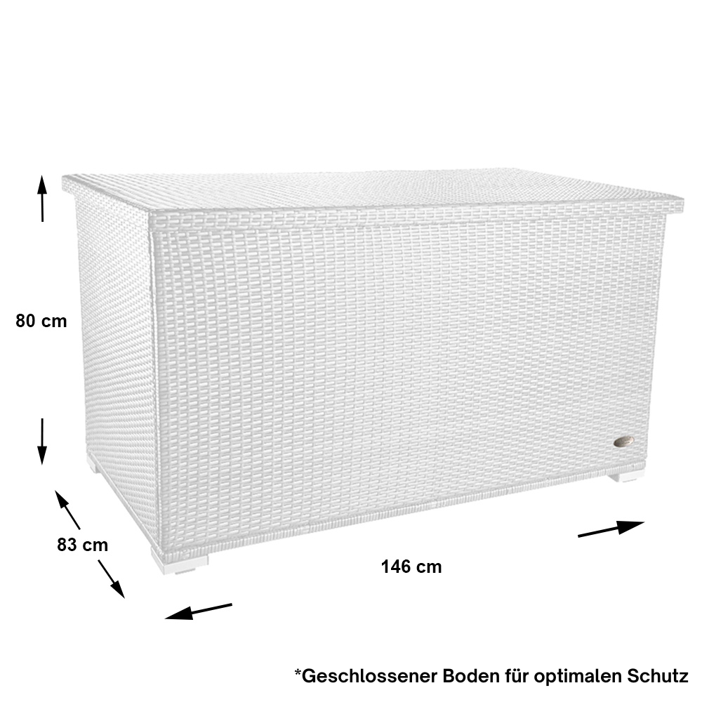 Maßgrafik: Breite 146 cm, Tiefe 83 cm, Höhe 80 cm; geschlossener Boden für optimalen Schutz.