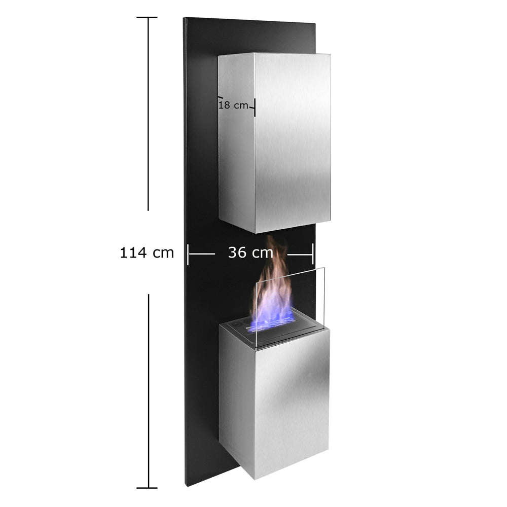 Moderner Bio-Ethanol-Wandkamin, Maße: 114 cm hoch, 36 cm breit, Flamme sichtbar, mit Glasscheibe.