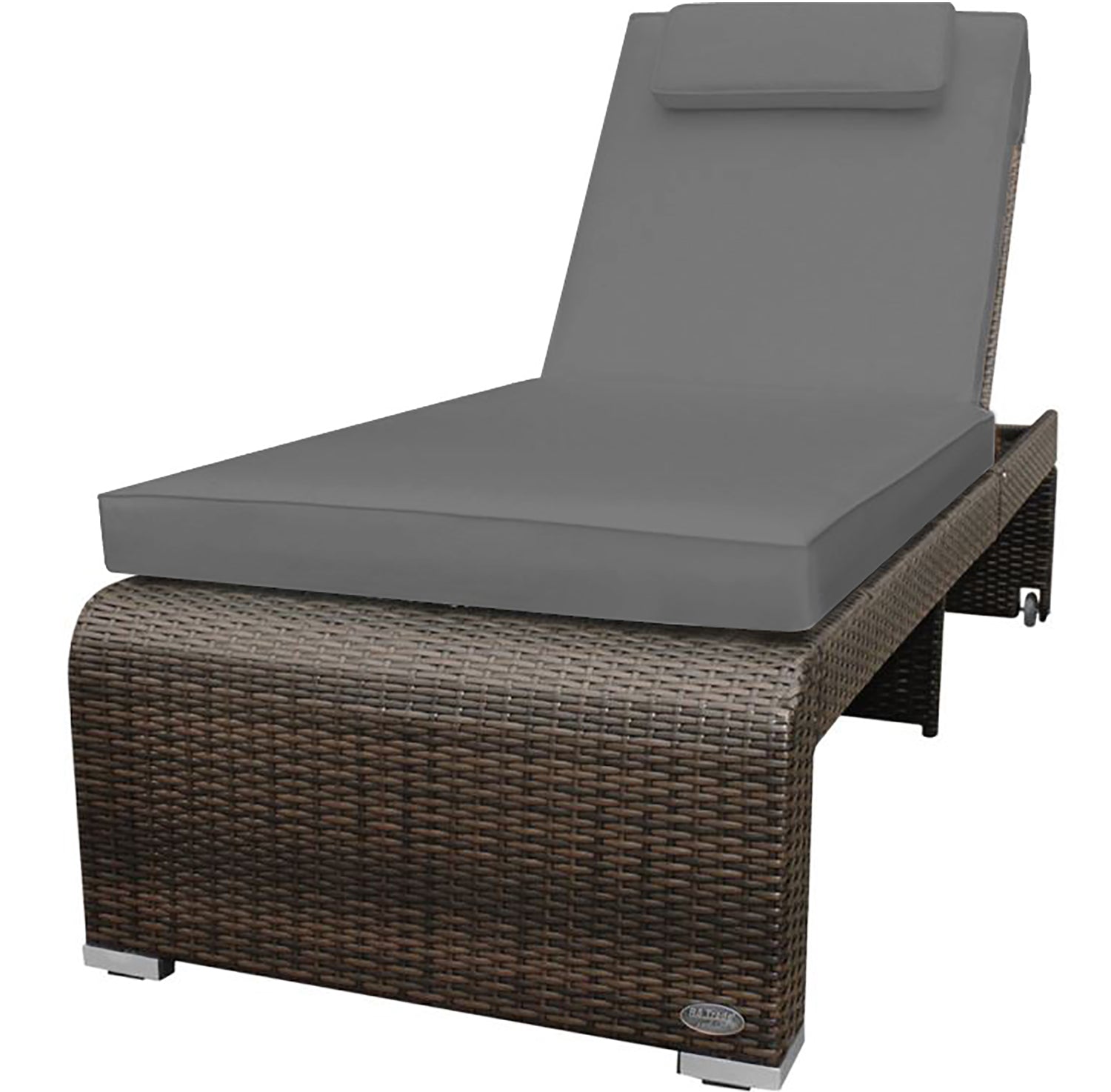 Braune Poly-Rattan Sonnenliege mit grauer Polsterauflage und verstellbarer Rückenlehne.