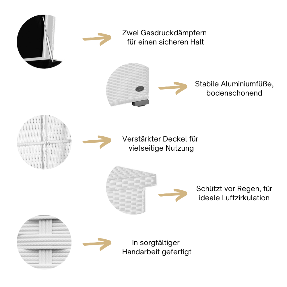 Nahansichten zeigen Gasdruckdämpfer, stabile Füße, Deckelstruktur und geflochtenes Rattan.