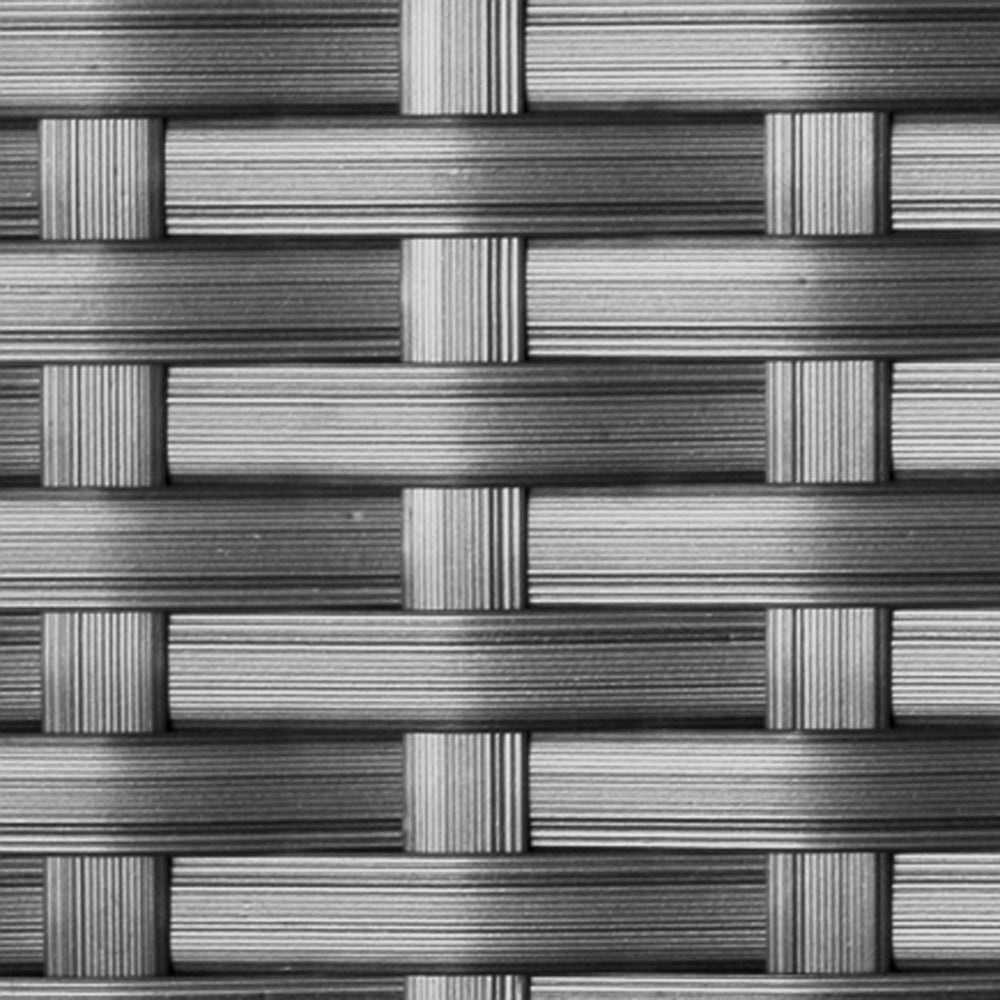 Nahaufnahme eines silber-grauen Polyrattan-Geflechts mit strukturierter Oberfläche.