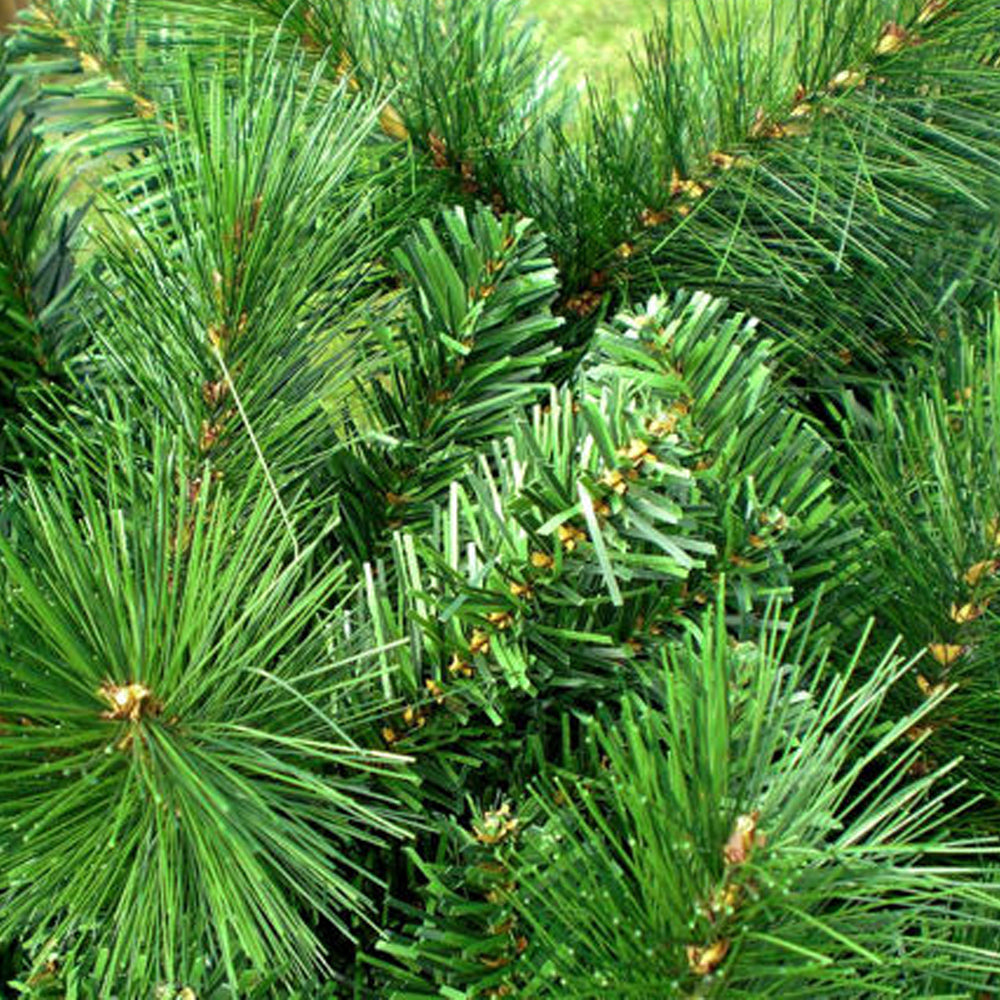 Nahaufnahme grüner Tannenzweige eines künstlichen Weihnachtsbaums mit feinen Nadeln. 270 cm