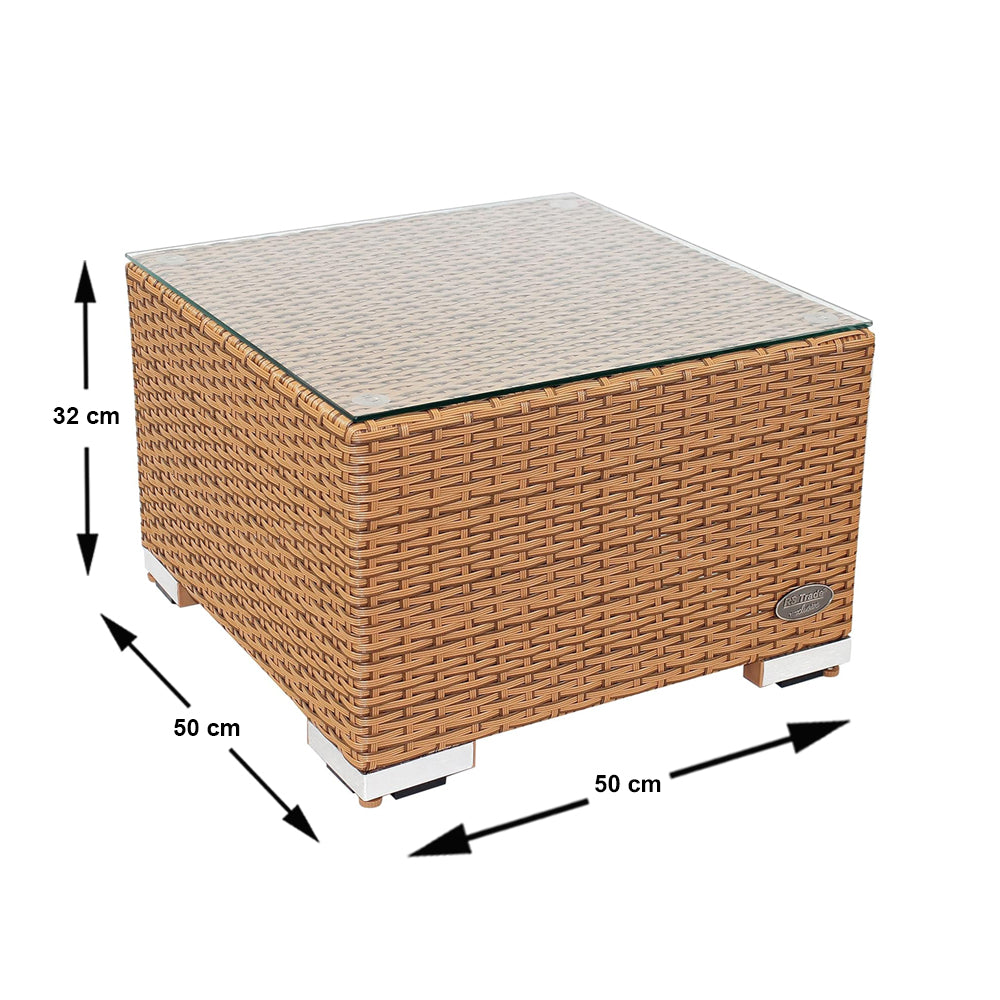 Naturfarbener Rattantisch mit Glasplatte von RS Trade, quadratisch, 50 × 50 × 32 cm, mit Maßangaben.