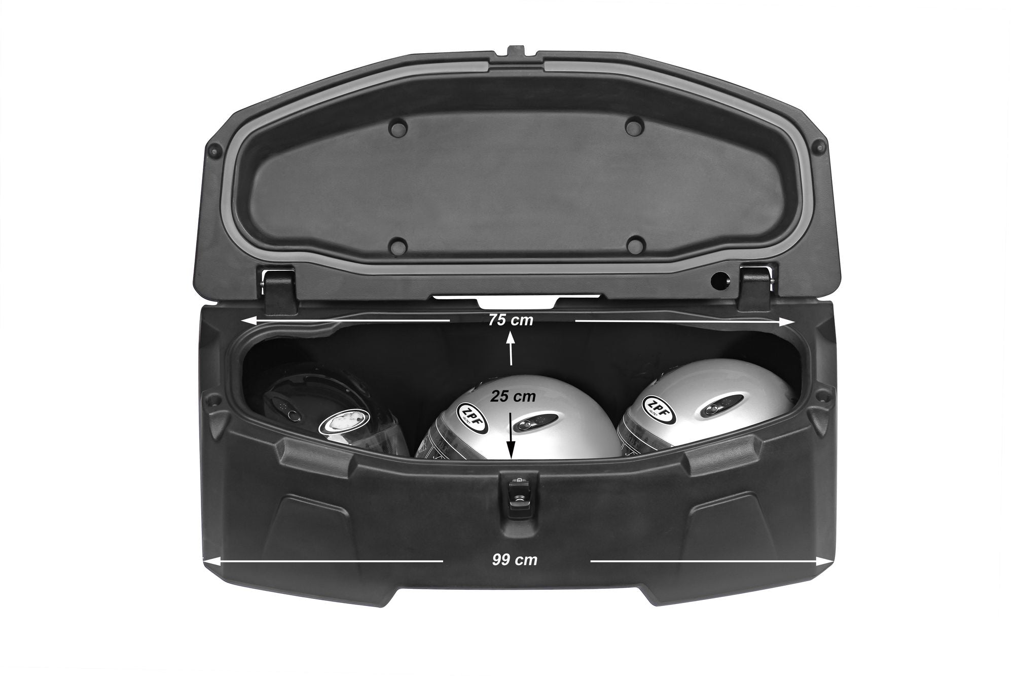 Offener ATV-Koffer mit Helmfach und zwei Helmen zur Veranschaulichung der Größe.