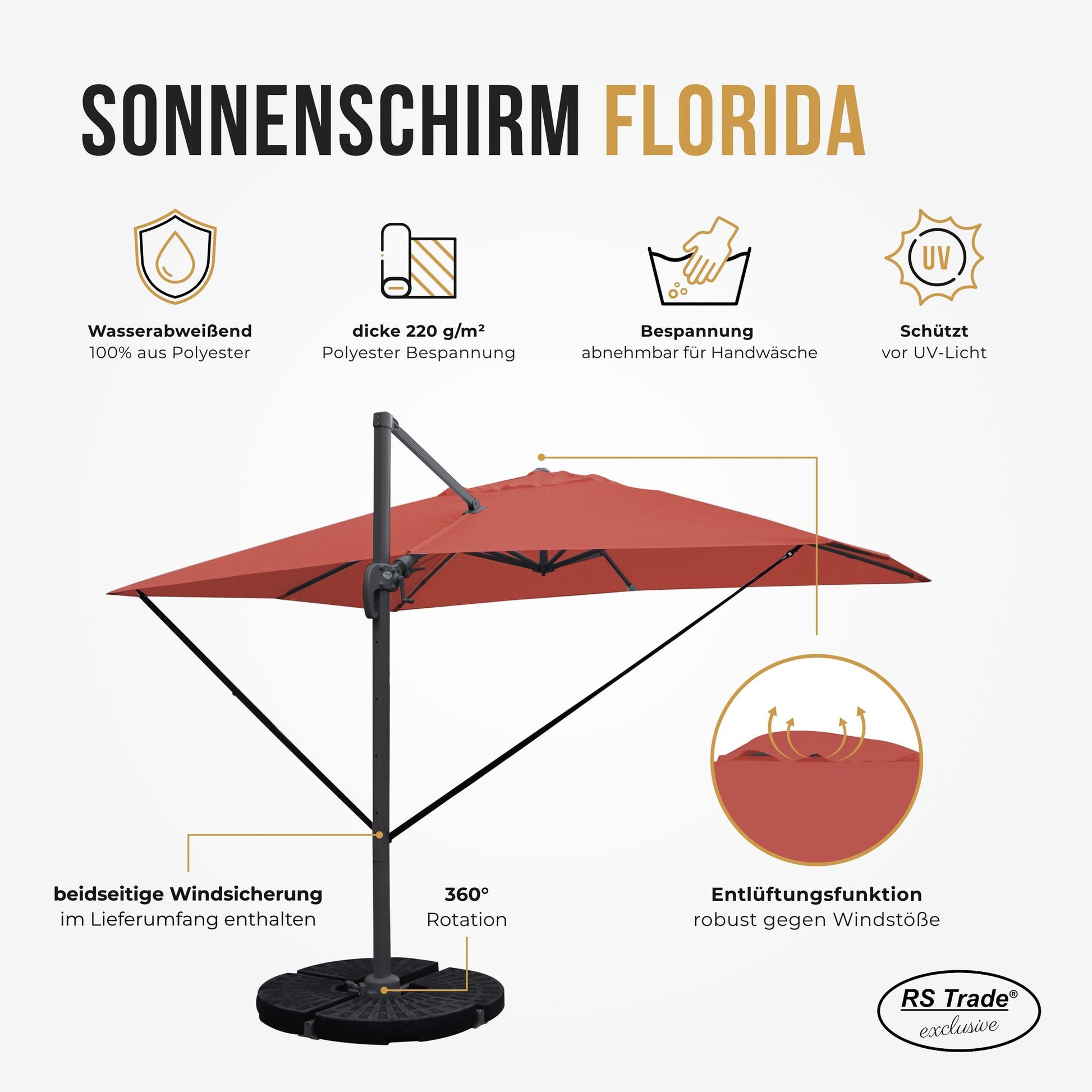 Sonnenschirm Florida, wasserabweisend, UV-Schutz, Bespannung abnehmbar, 360° drehbar, Windsicherung. OrangeRot