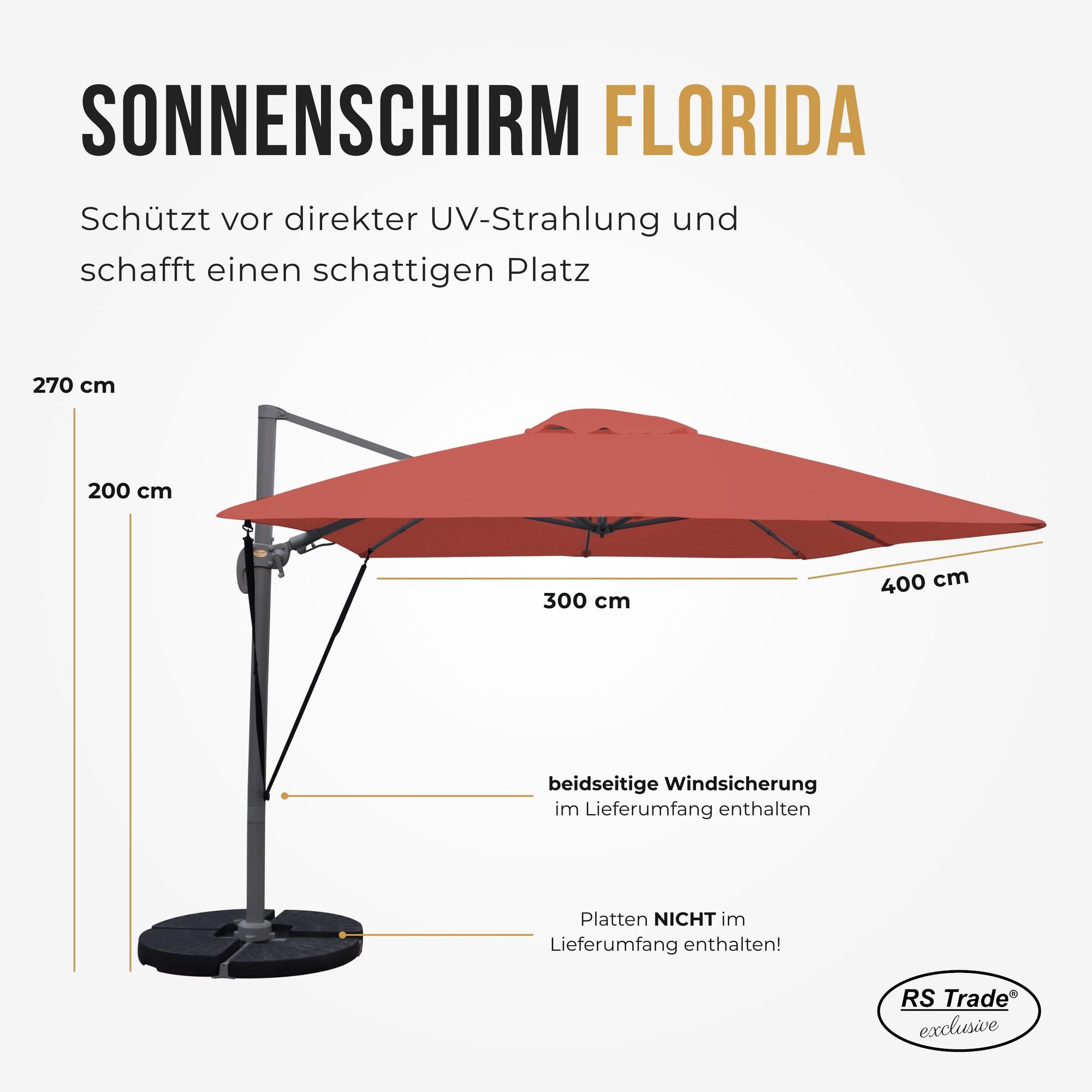 Sonnenschirm Florida, 300x400 cm, beidseitige Windsicherung, UV-Schutz, 270 cm hoch, ideal für Schattenplätze. OrangeRot