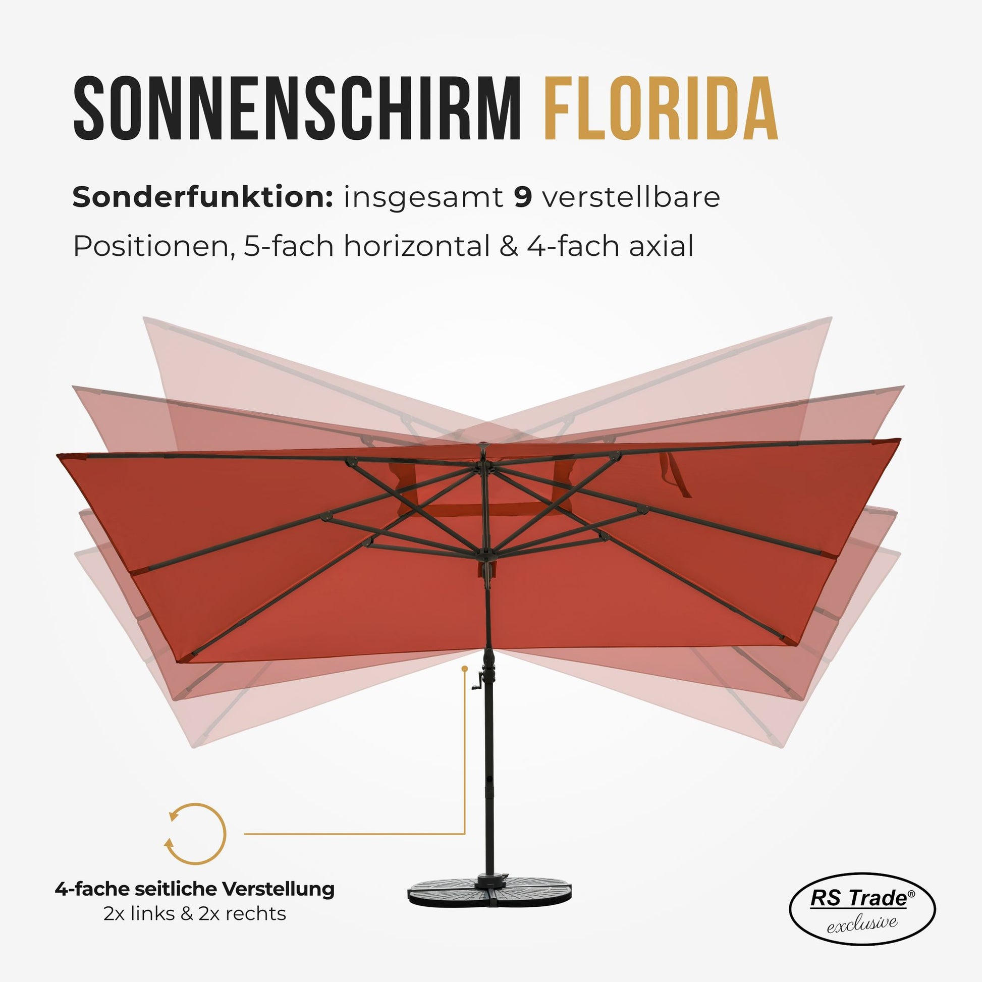  Sonnenschirm mit 9 verstellbaren Positionen, 5-fach horizontal und 4-fach axial schwenkbar. OrangeRot