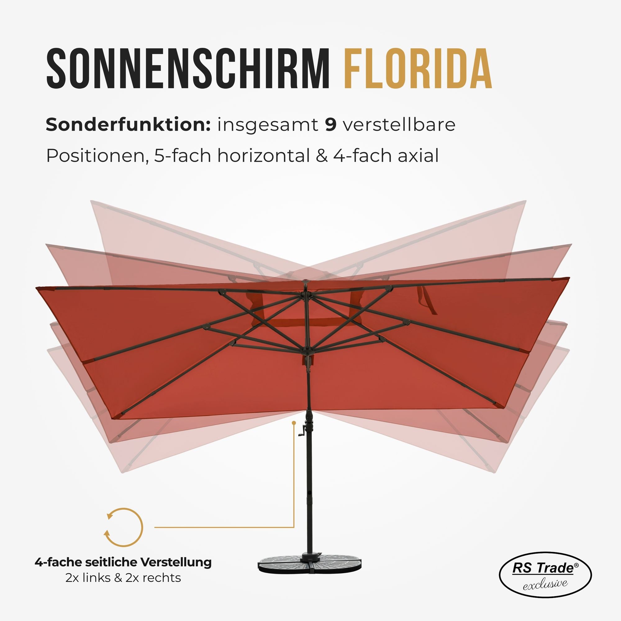  Sonnenschirm mit 9 verstellbaren Positionen, 5-fach horizontal und 4-fach axial schwenkbar. OrangeRot