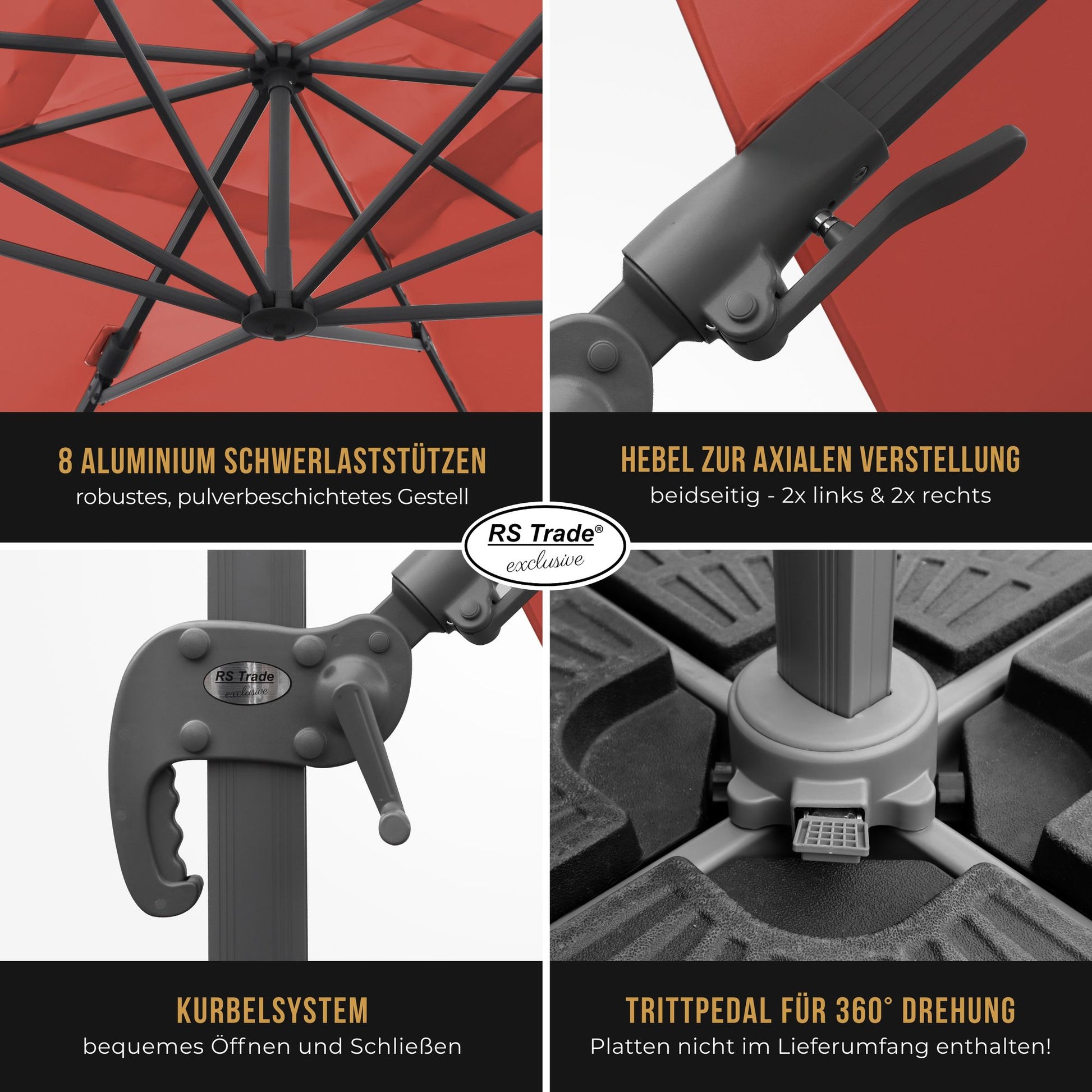 Detailansicht Sonnenschirm Florida: 8 Alu-Stützen, Kurbel, Hebel, Trittpedal für 360°-Drehung. OrangeRot