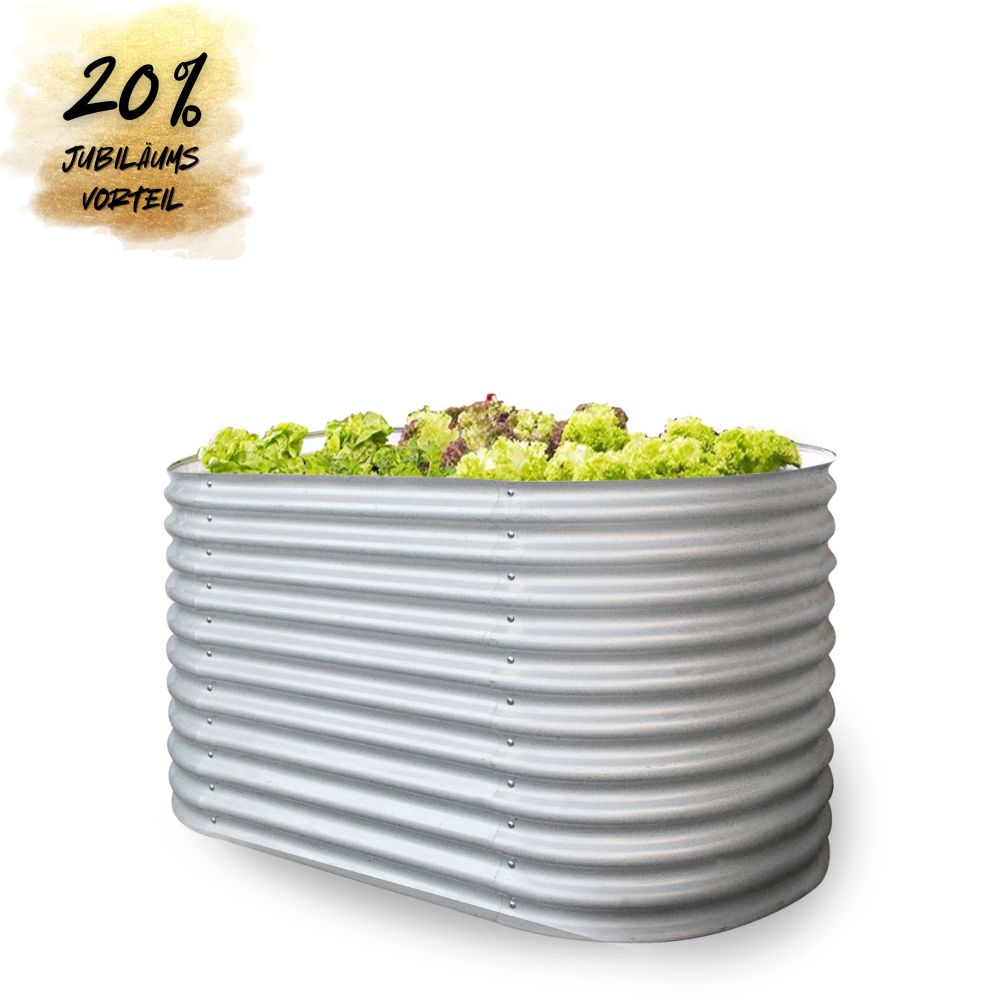 Ovales Hochbeet aus verzinktem Stahl mit Salatbepflanzung und Jubiläumsrabatt-Hinweis
