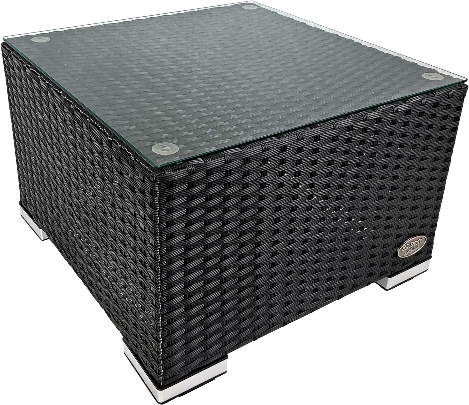 Quadratischer Rattantisch in schwarz mit Glasplatte und Metallelementen, Marke „RS Trade“