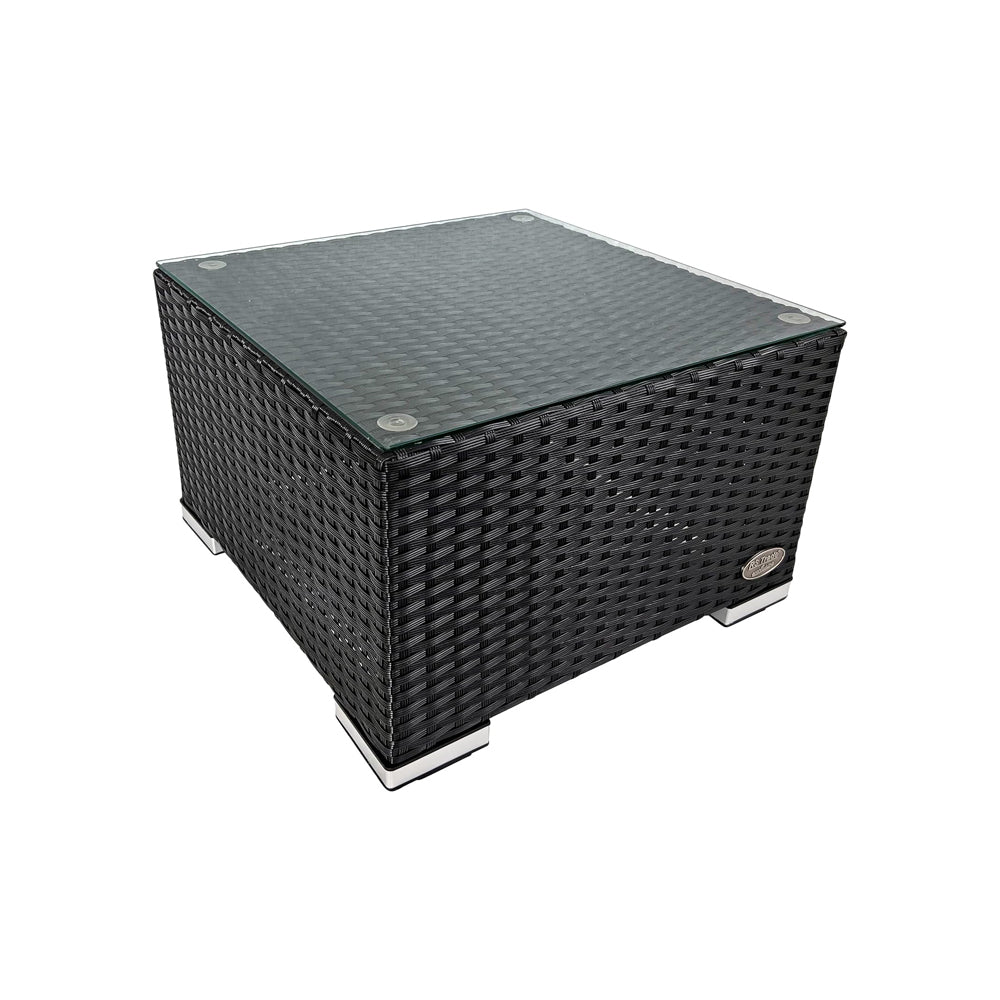 Quadratischer Rattantisch in schwarz mit Glasplatte und Metallelementen, Marke „RS Trade“