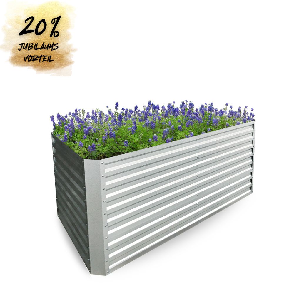 Rechteckiges Hochbeet aus verzinktem Stahl mit blühenden Pflanzen und Jubiläumsrabatt-Hinweis