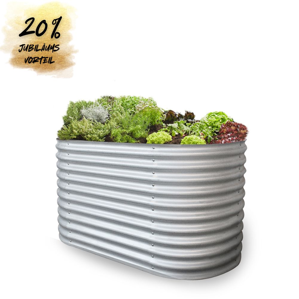 Ovales Hochbeet aus verzinktem Stahl mit Kräutern und Gemüse bepflanzt, inklusive Jubiläumsrabatt-Hinweis