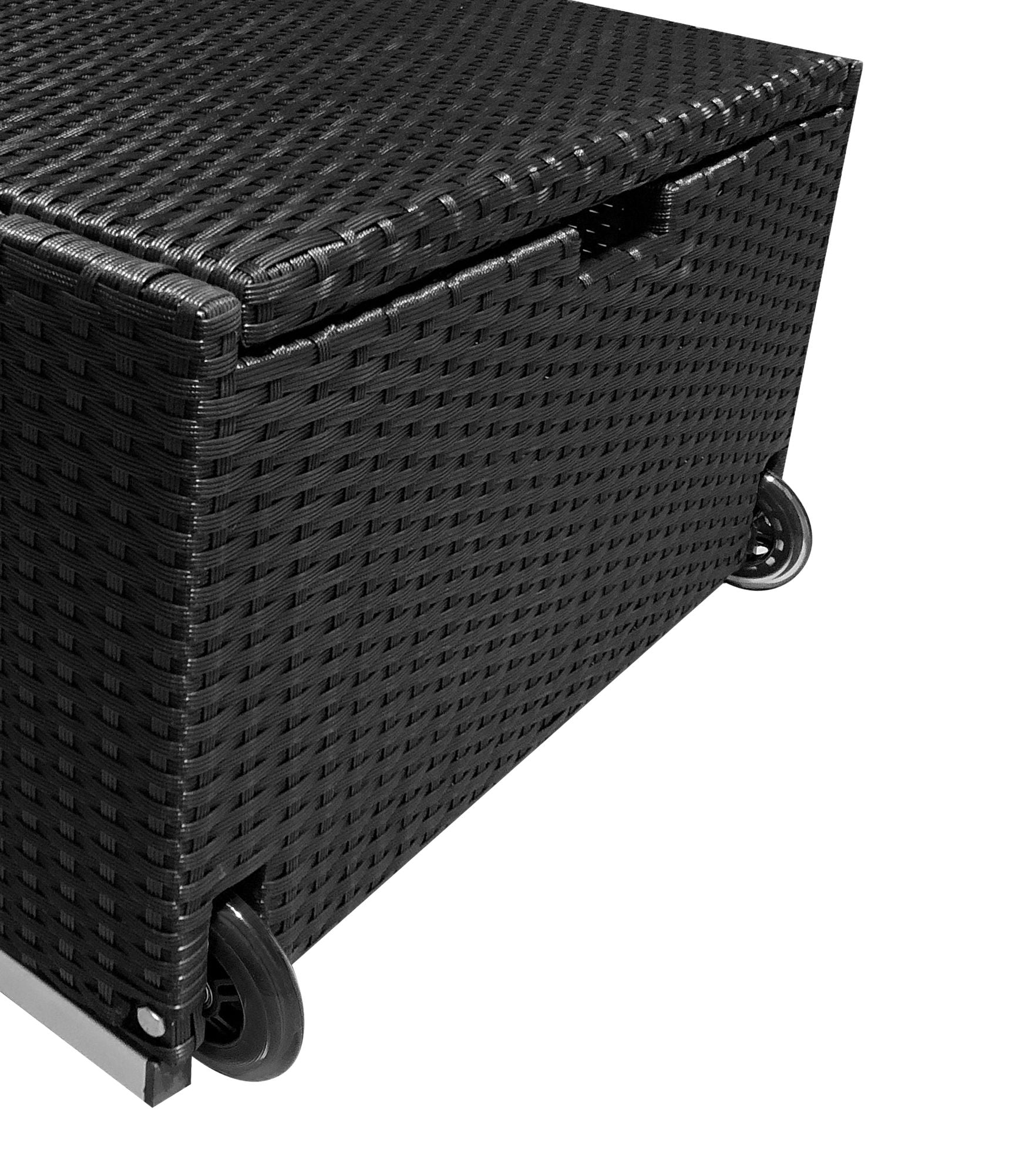 Schwarze Rattan-Sonnenliege mit stabilen, schwarzen Rollen am Kopfende. Schwarz / Grau.