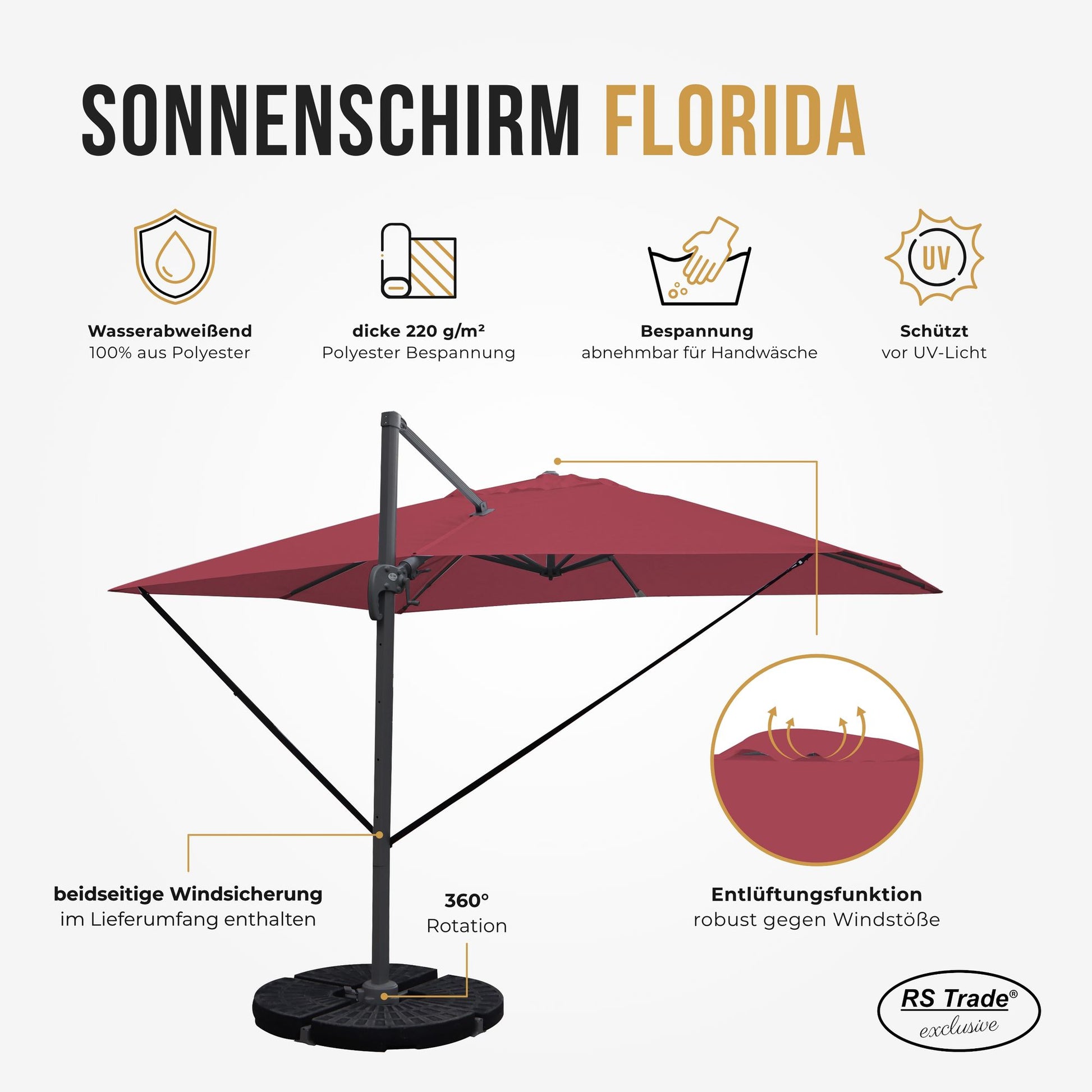 Sonnenschirm Florida, wasserabweisend, UV-Schutz, Bespannung abnehmbar, 360° drehbar, Windsicherung. Rot