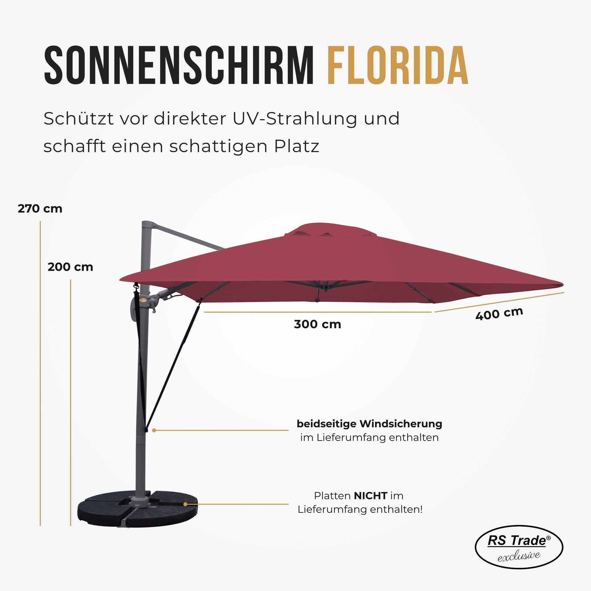 Sonnenschirm Florida, 300x400 cm, beidseitige Windsicherung, UV-Schutz, 270 cm hoch, ideal für Schattenplätze. Rot