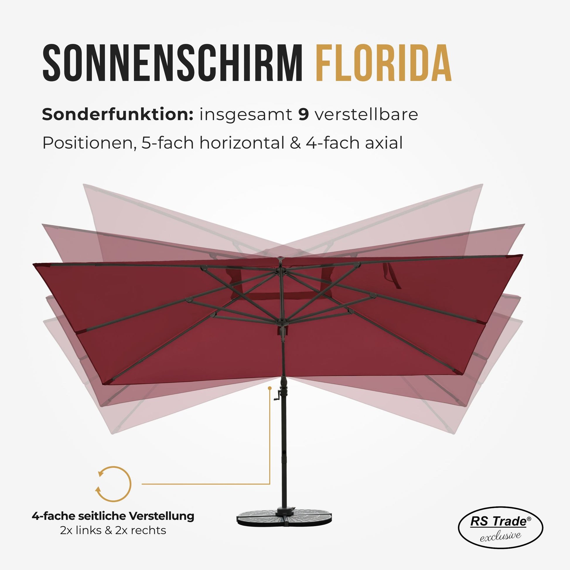 Sonnenschirm mit 9 verstellbaren Positionen, 5-fach horizontal und 4-fach axial schwenkbar. Rot
