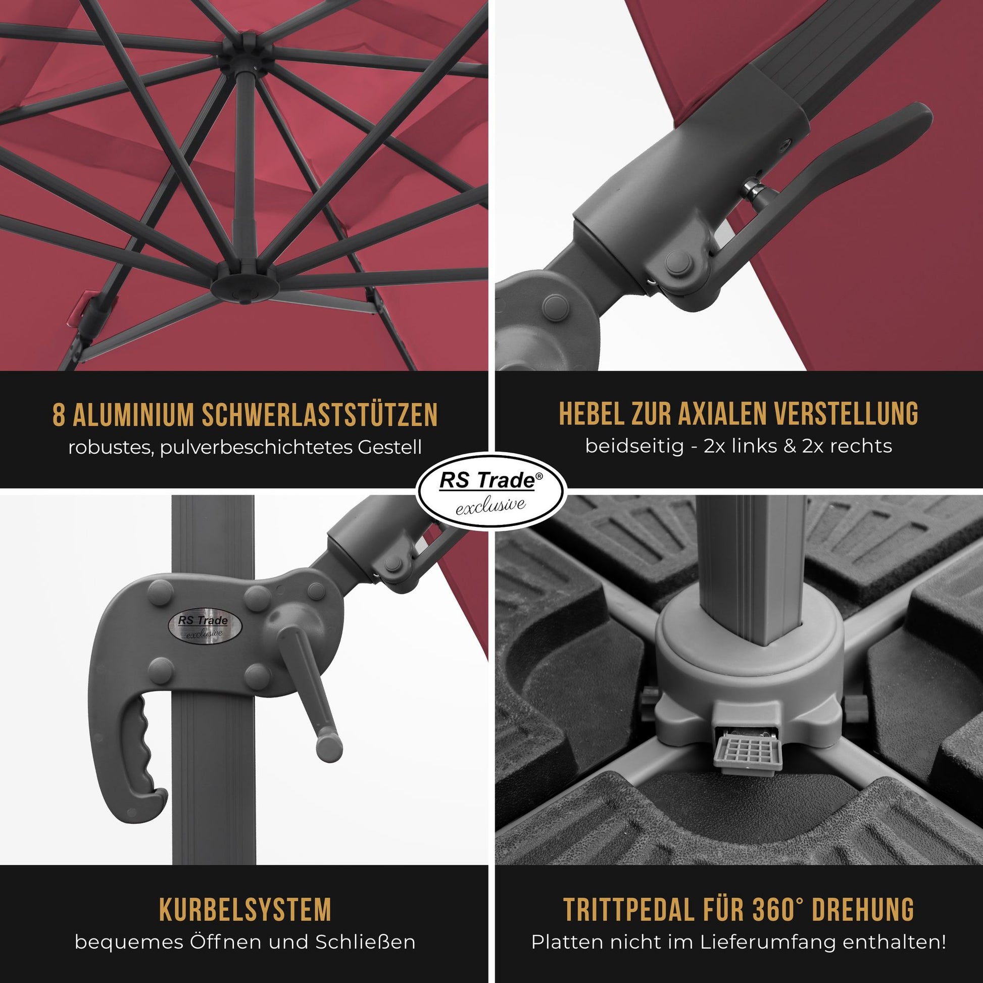 Detailansicht Sonnenschirm Florida: 8 Alu-Stützen, Kurbel, Hebel, Trittpedal für 360°-Drehung. Rot