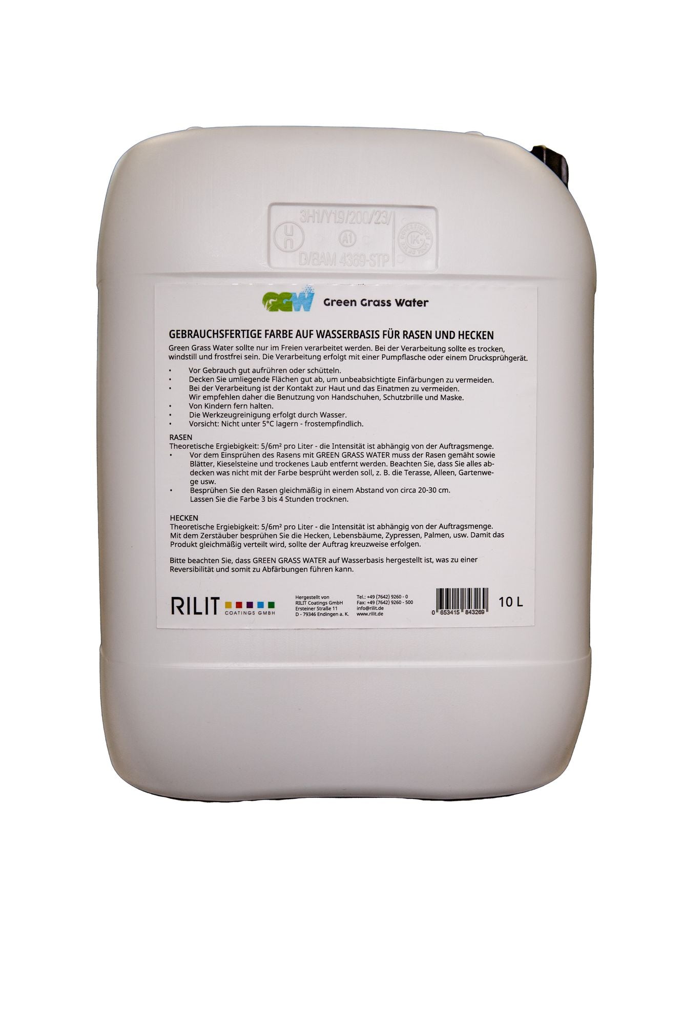 Weißer 10L Kanister mit Etikett, Rasenfarbe auf Wasserbasis für Rasen und Hecken.