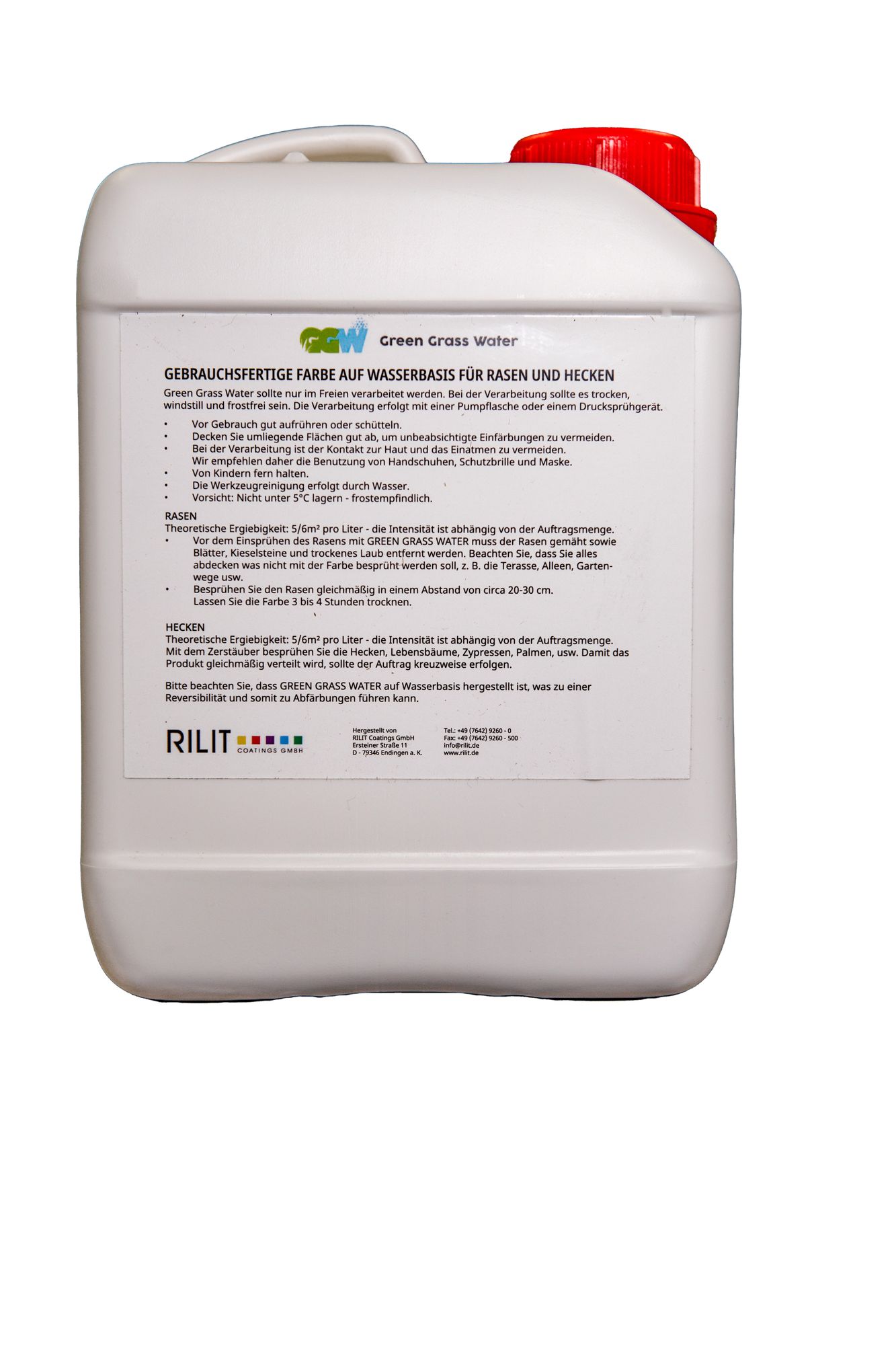 Weißer 2,5L Kanister mit Etikett, Rasenfarbe auf Wasserbasis für Rasen und Hecken.