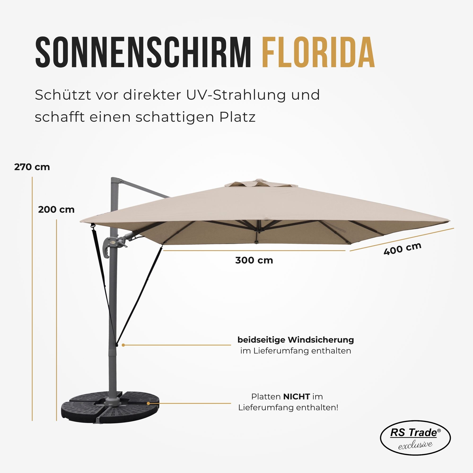 Sonnenschirm Florida, 300x400 cm, beidseitige Windsicherung, UV-Schutz, 270 cm hoch, ideal für Schattenplätze. Sand