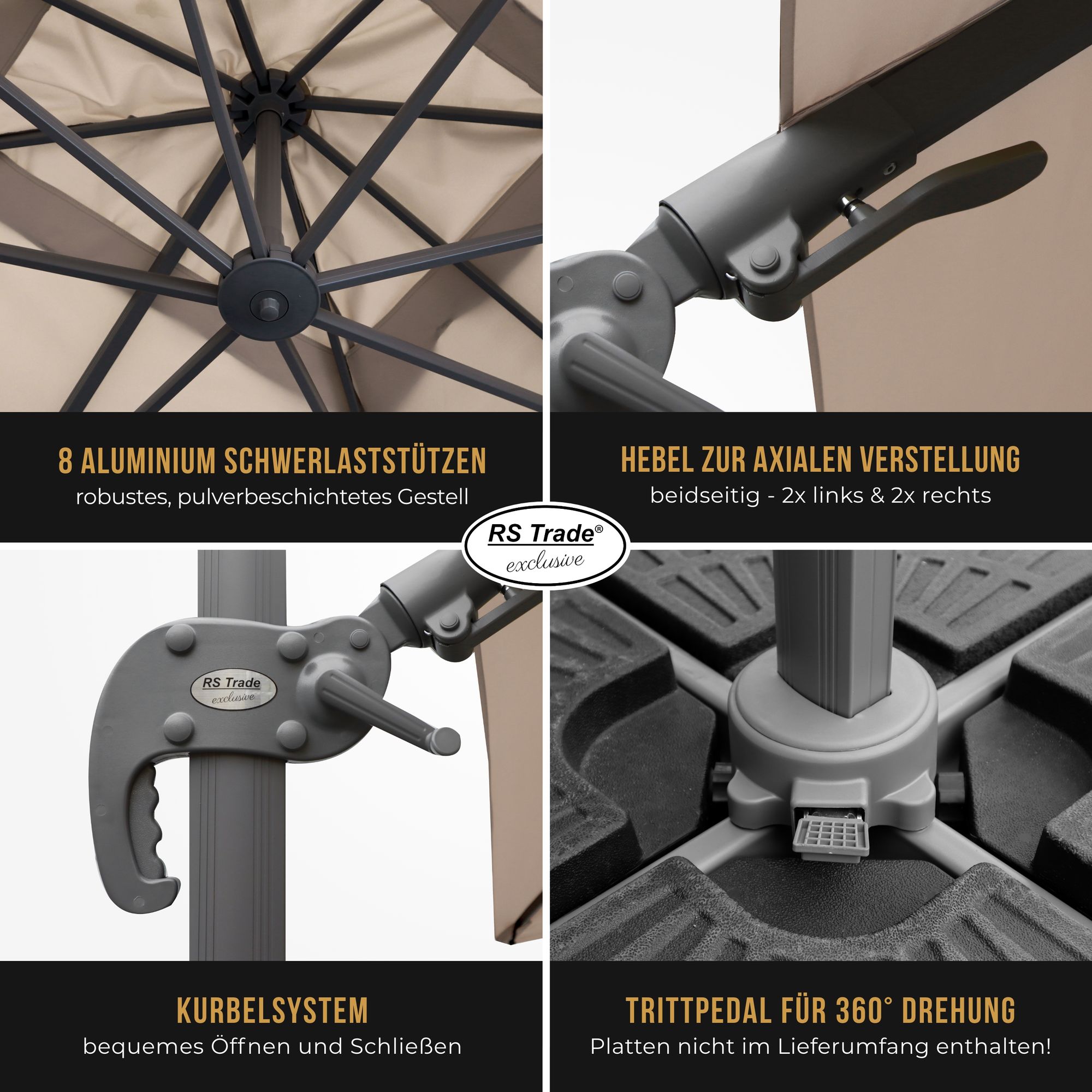 Detailansicht Sonnenschirm Florida: 8 Alu-Stützen, Kurbel, Hebel, Trittpedal für 360°-Drehung. Sand