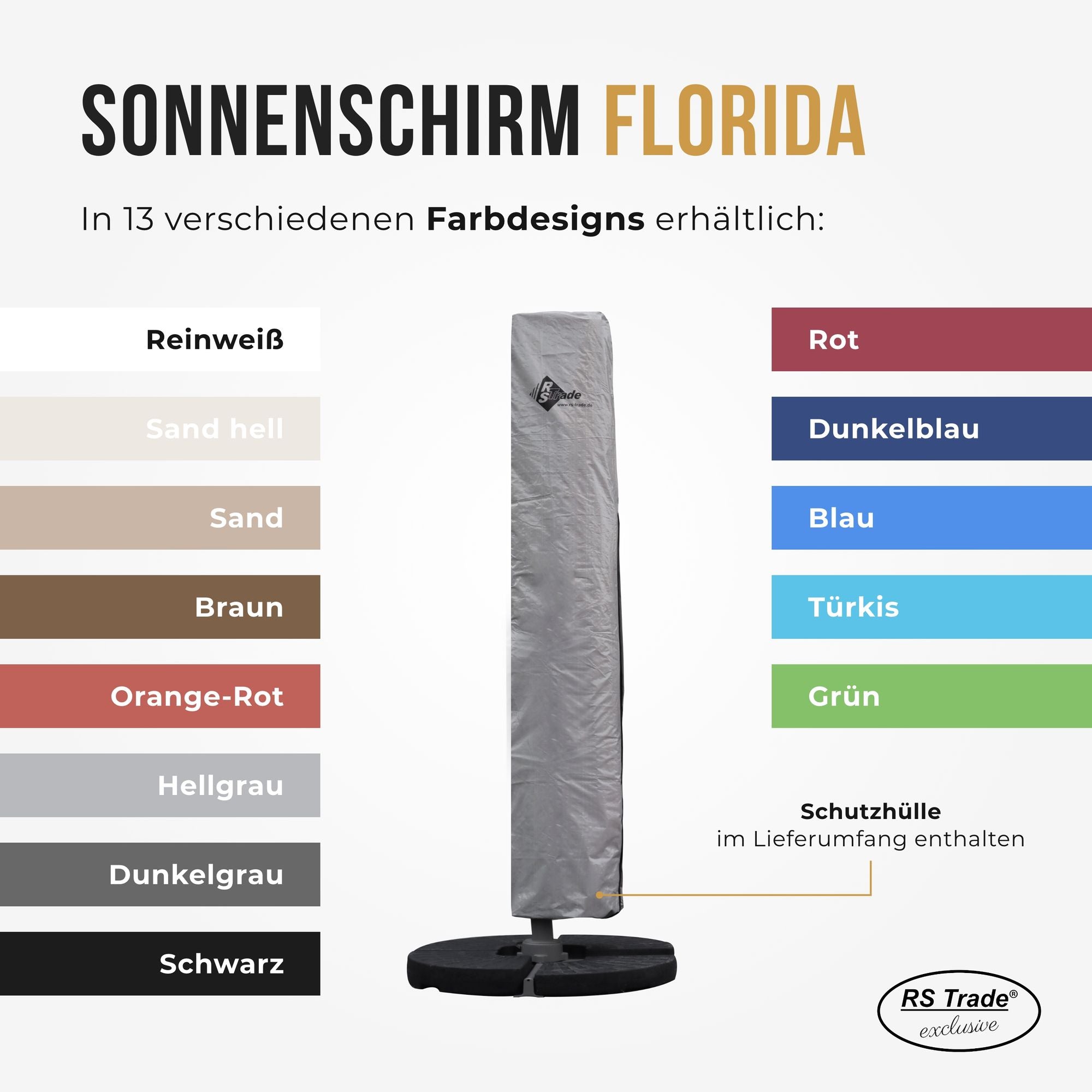 Sonnenschirm mit Schutzhülle, erhältlich in 13 Farben, inklusive praktischer Schutzhülle. Sand