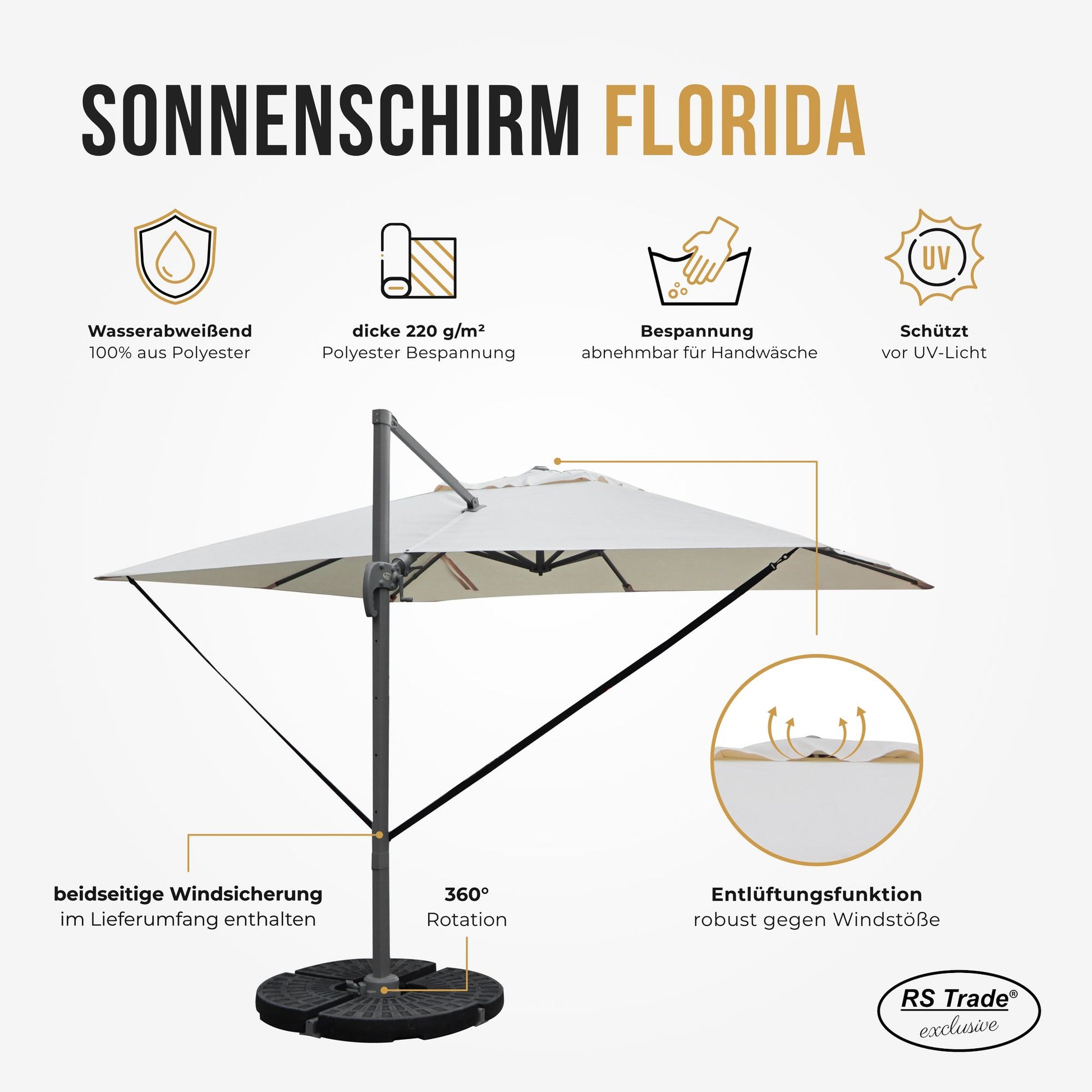 Sonnenschirm Florida, wasserabweisend, UV-Schutz, Bespannung abnehmbar, 360° drehbar, Windsicherung. Sandhell