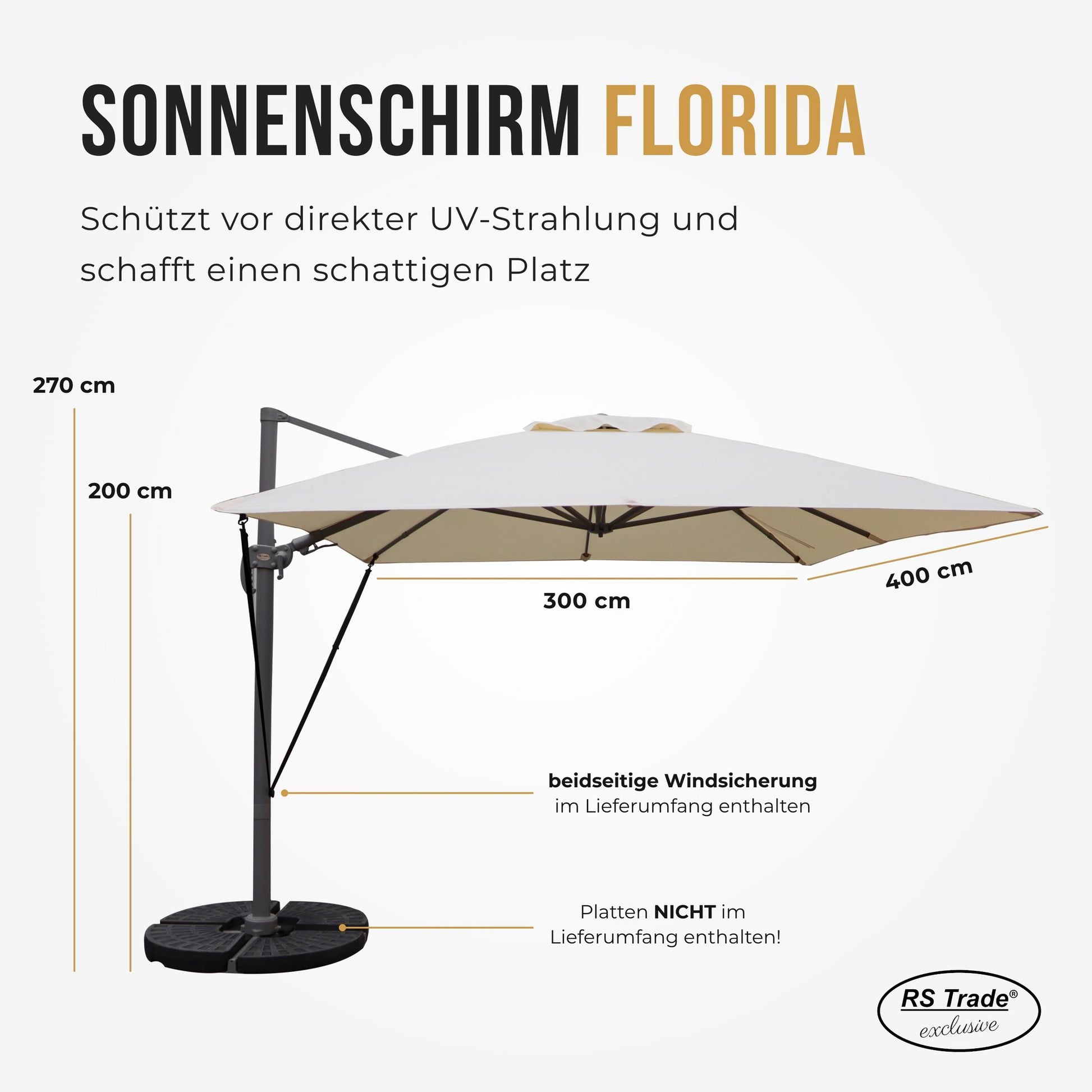 Sonnenschirm Florida, 300x400 cm, beidseitige Windsicherung, UV-Schutz, 270 cm hoch, ideal für Schattenplätze. Sandhell