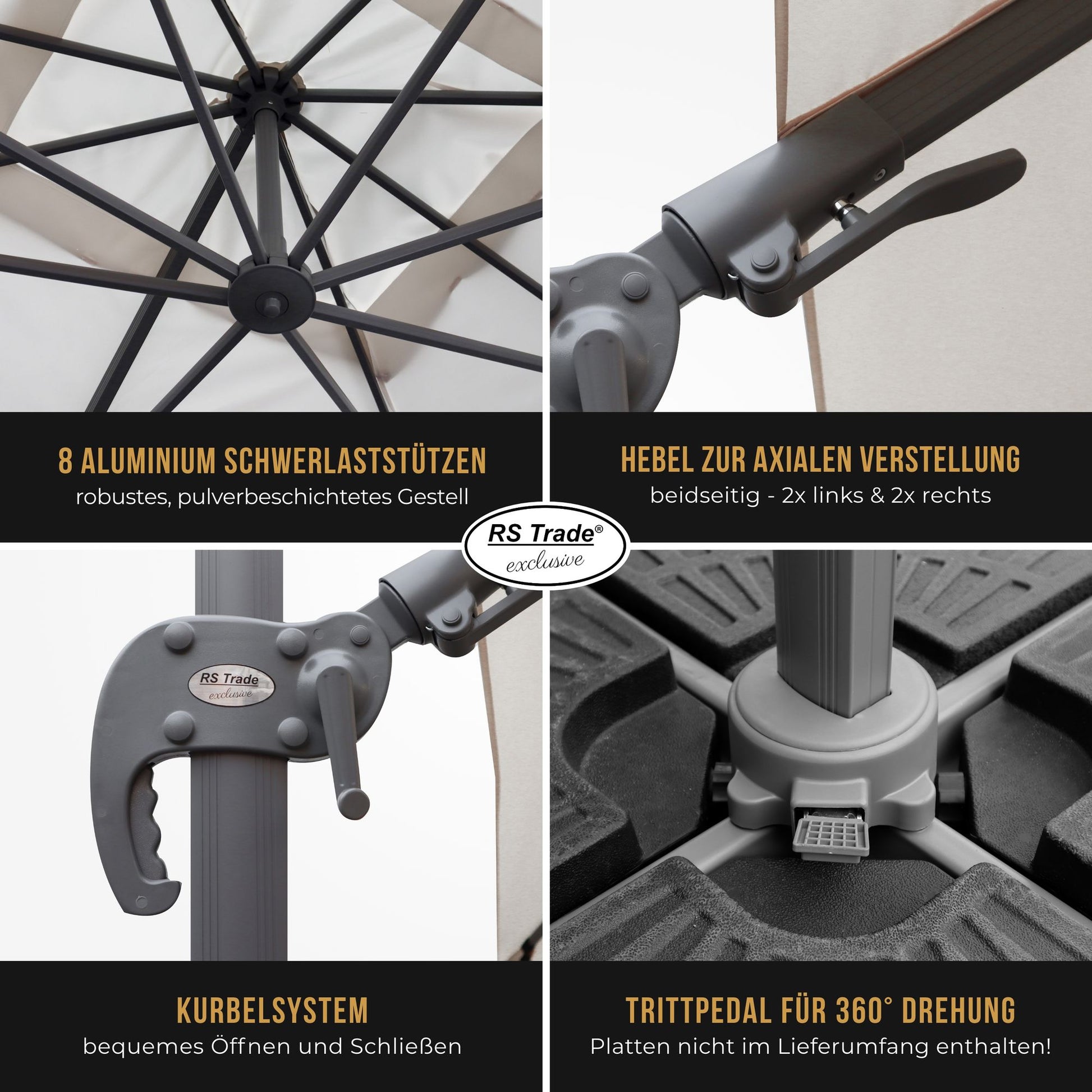 Detailansicht Sonnenschirm Florida: 8 Alu-Stützen, Kurbel, Hebel, Trittpedal für 360°-Drehung. Sandhell