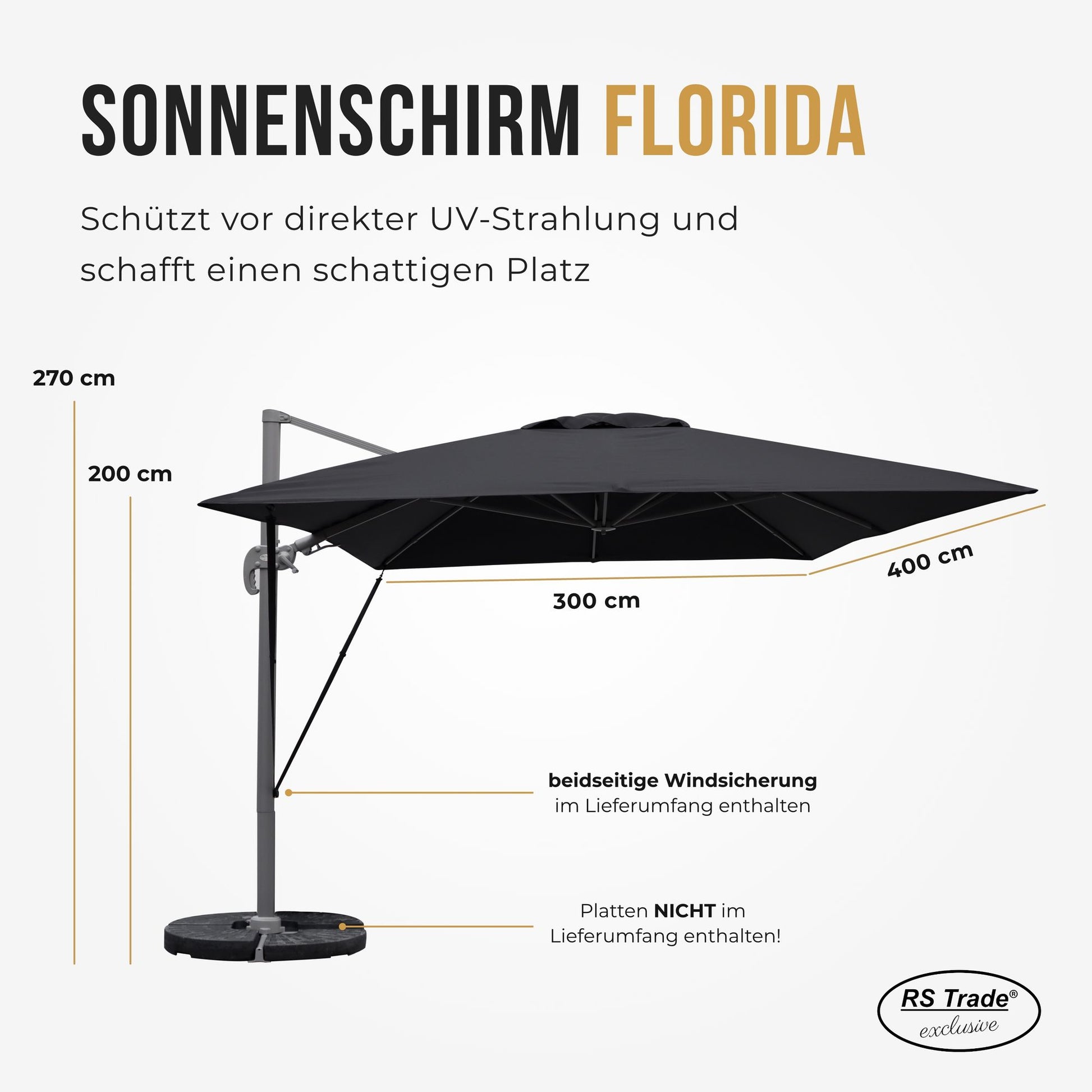 Sonnenschirm Florida, 300x400 cm, beidseitige Windsicherung, UV-Schutz, 270 cm hoch, ideal für Schattenplätze. Schwarz