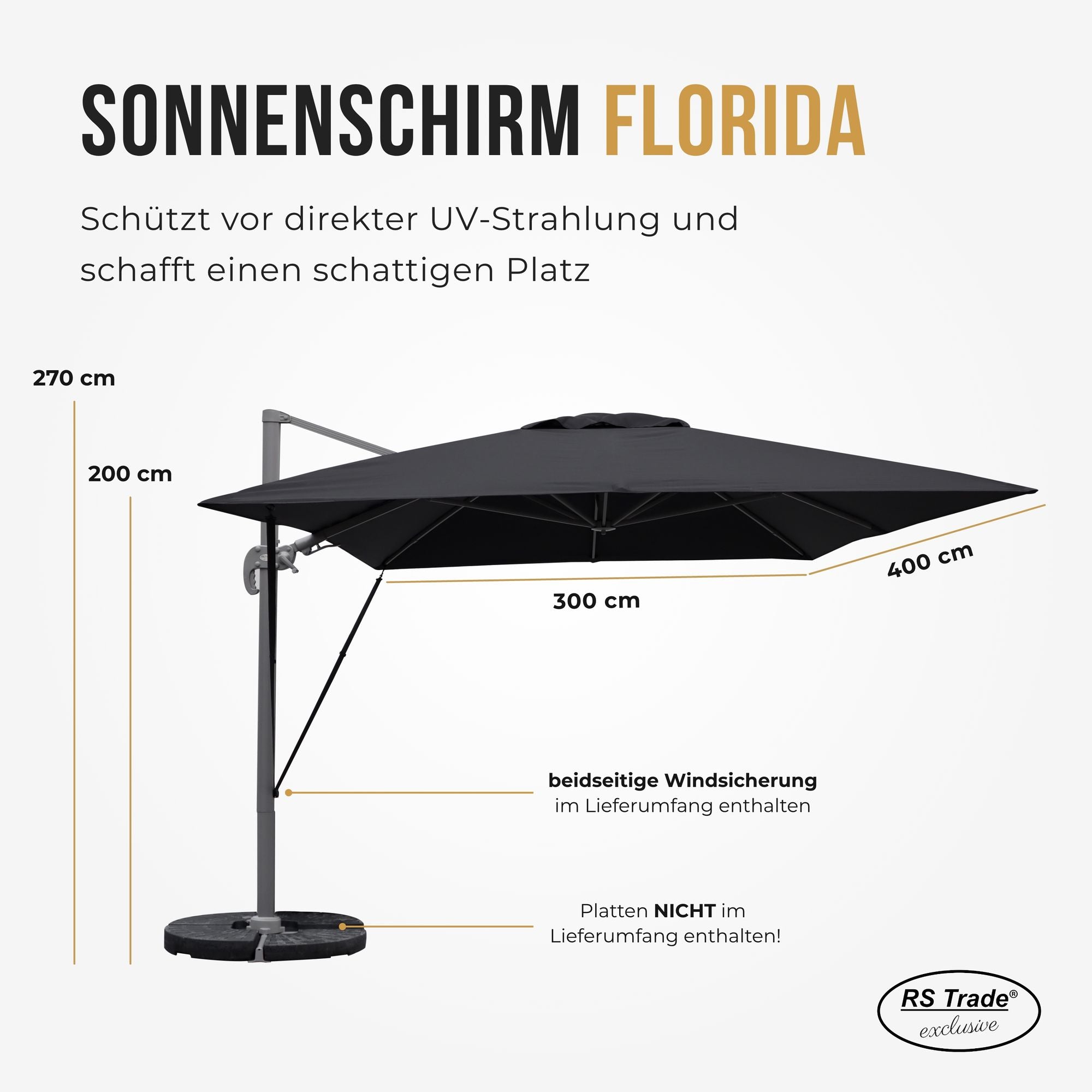 Sonnenschirm Florida, 300x400 cm, beidseitige Windsicherung, UV-Schutz, 270 cm hoch, ideal für Schattenplätze. Schwarz