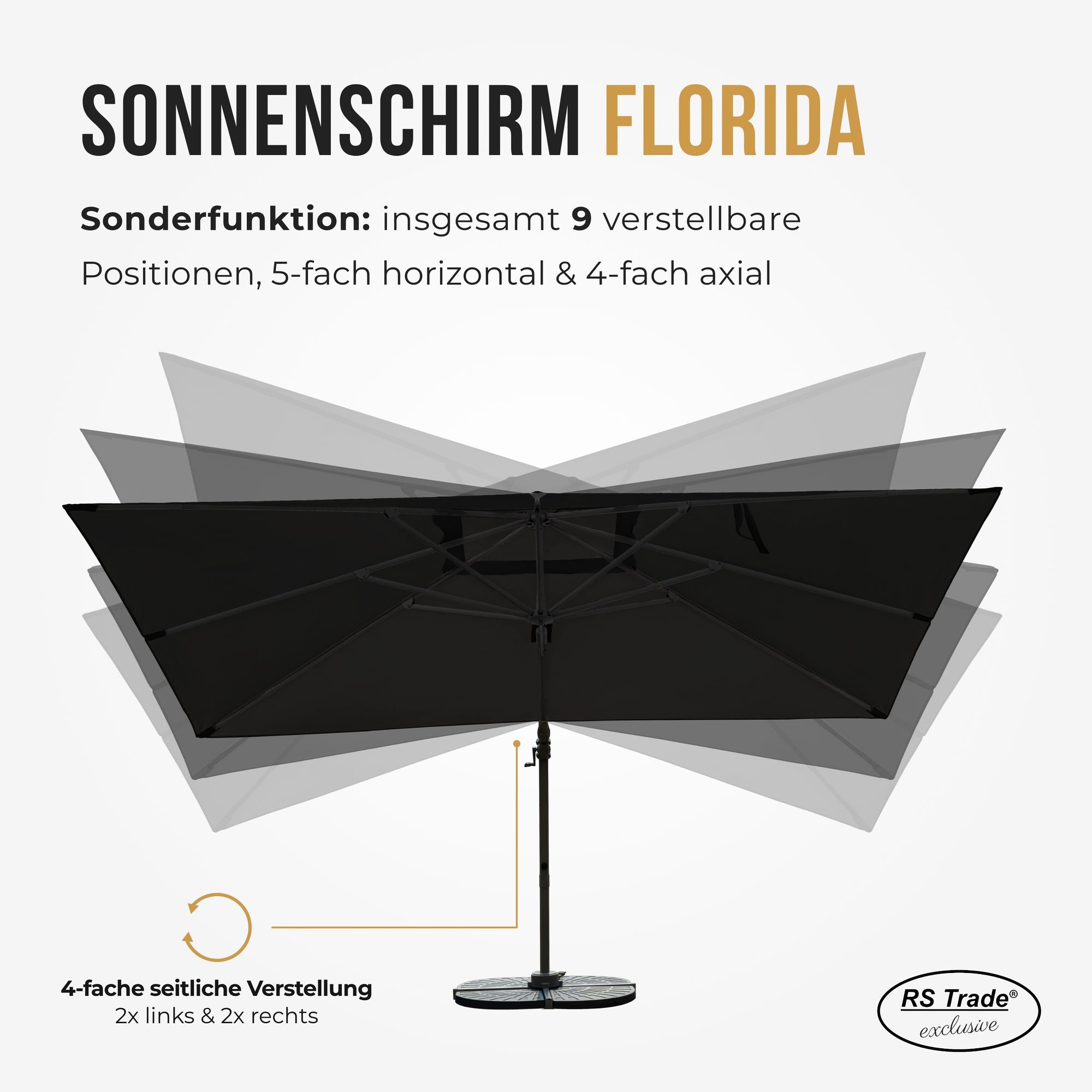Sonnenschirm mit 9 verstellbaren Positionen, 5-fach horizontal und 4-fach axial schwenkbar. Schwarz