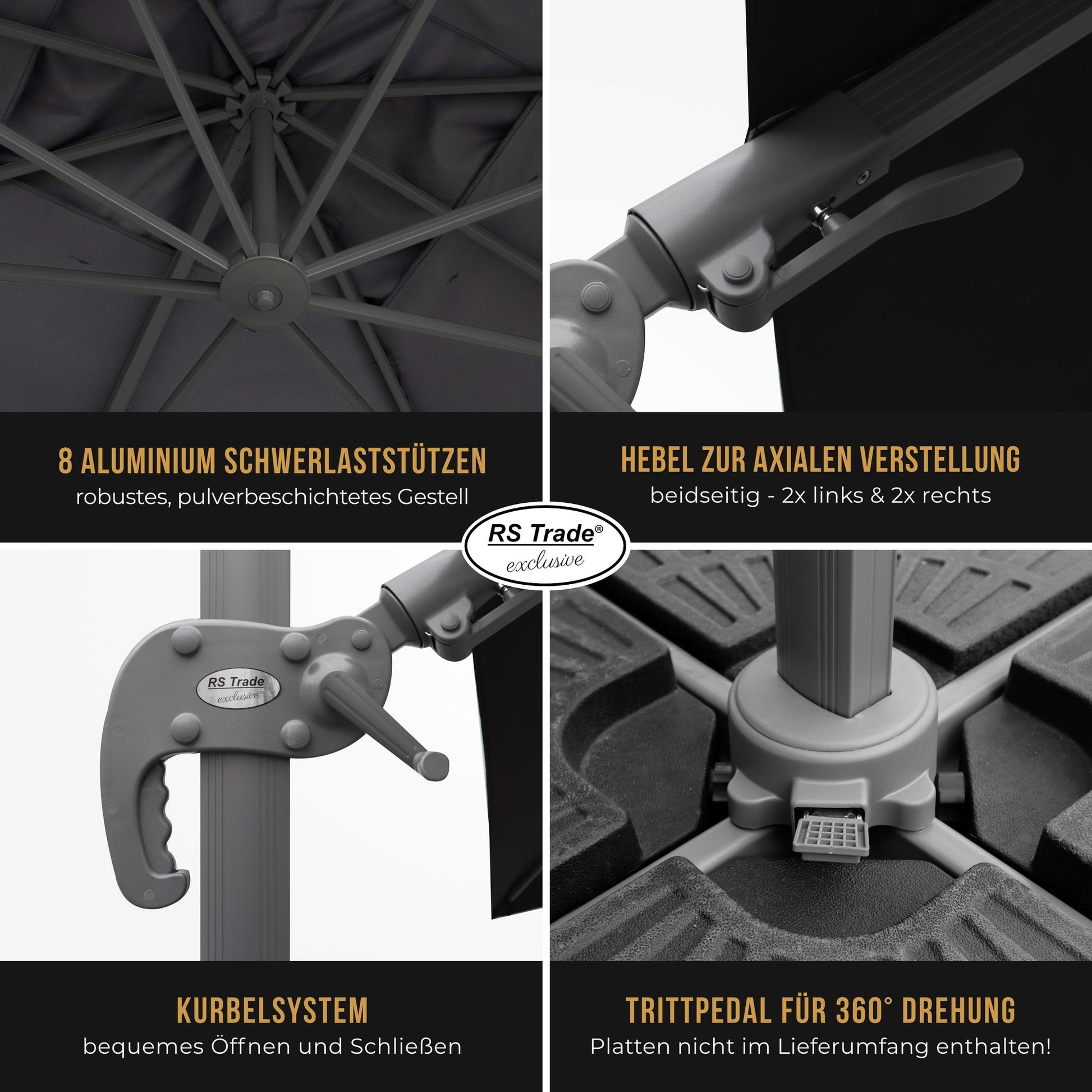 Detailansicht Sonnenschirm Florida: 8 Alu-Stützen, Kurbel, Hebel, Trittpedal für 360°-Drehung. Schwarz