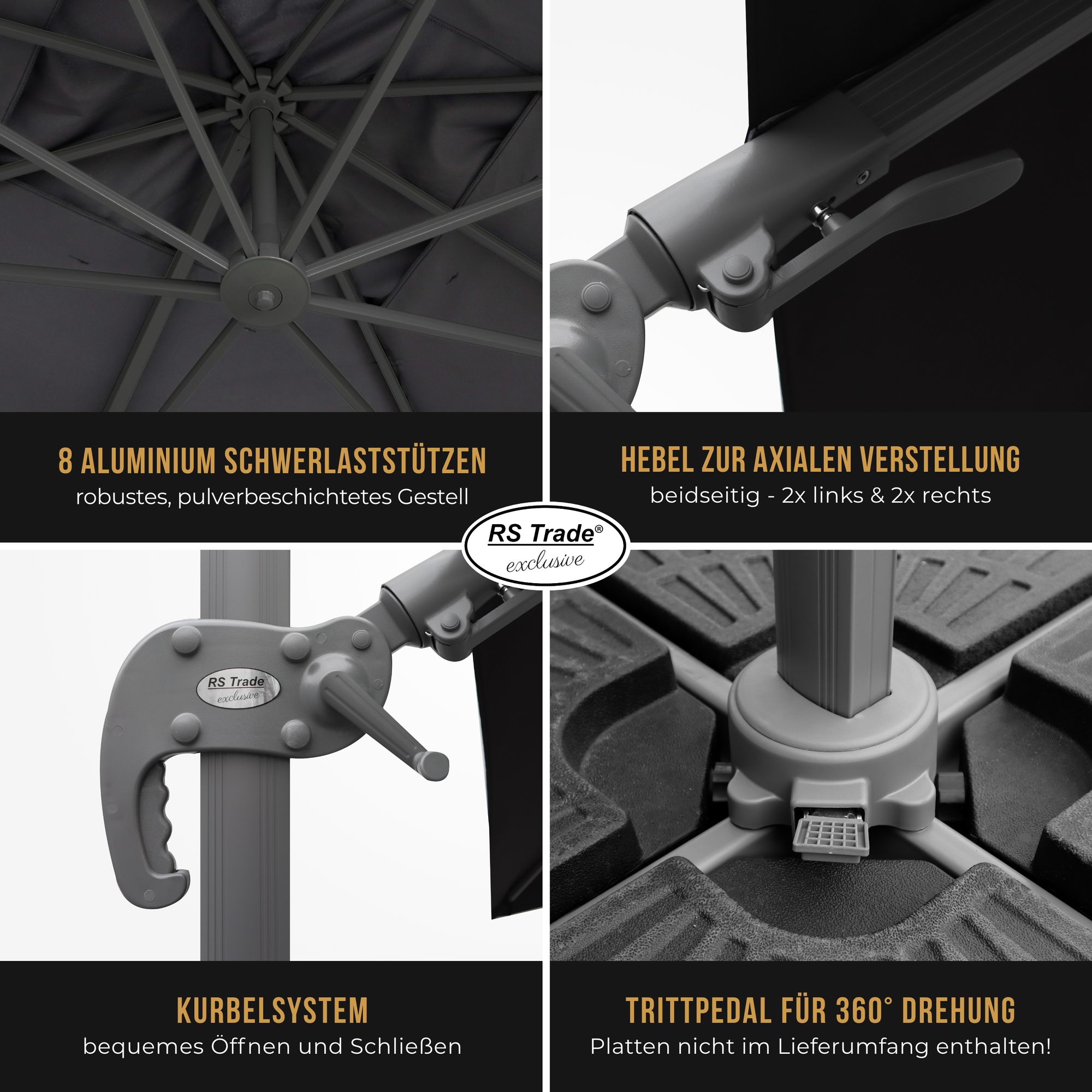 Detailansicht Sonnenschirm Florida: 8 Alu-Stützen, Kurbel, Hebel, Trittpedal für 360°-Drehung. Schwarz