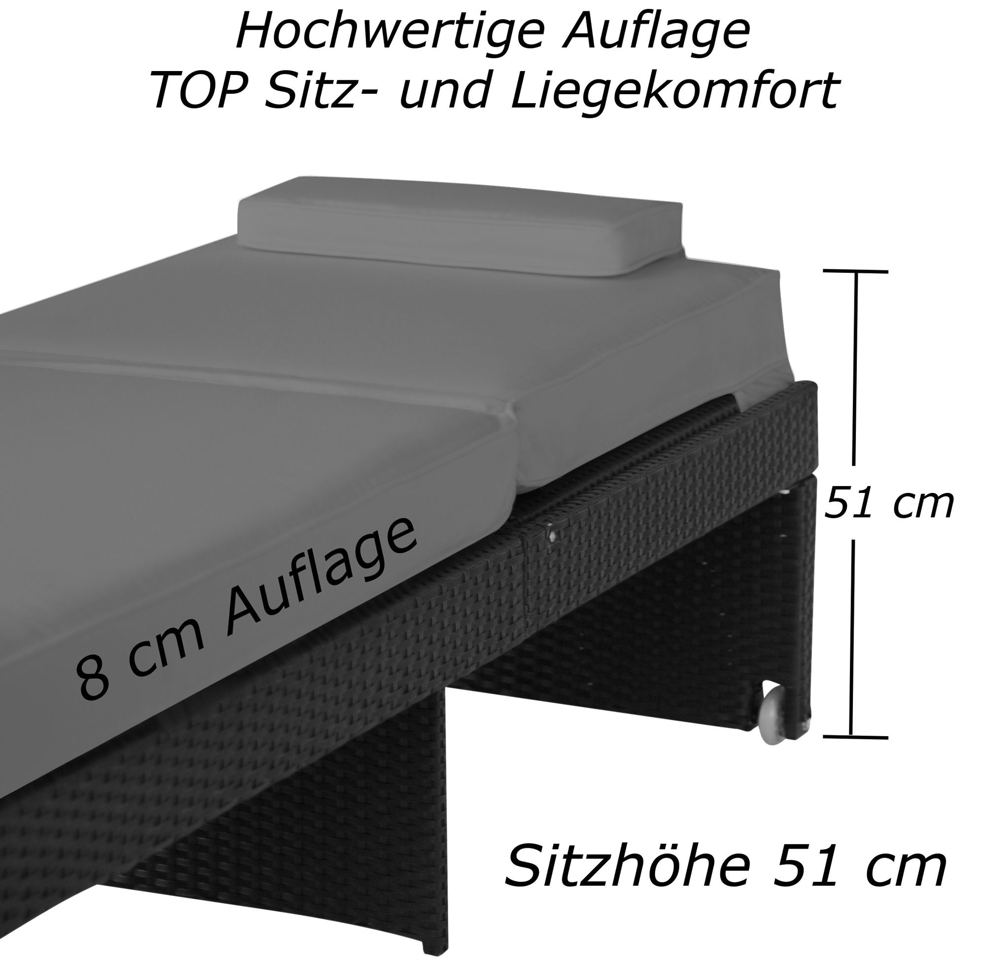 Schwarze Rattan-Sonnenliege mit grauer 8 cm dicker Auflage und 51 cm Sitzhöhe.