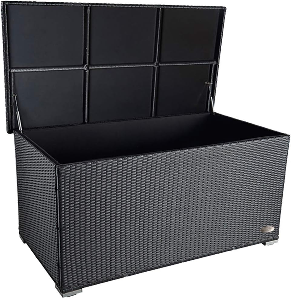 Schwarze Rattanbox mit offenem Deckel, rechteckig, schwarzer Innenraum, freigestellt.