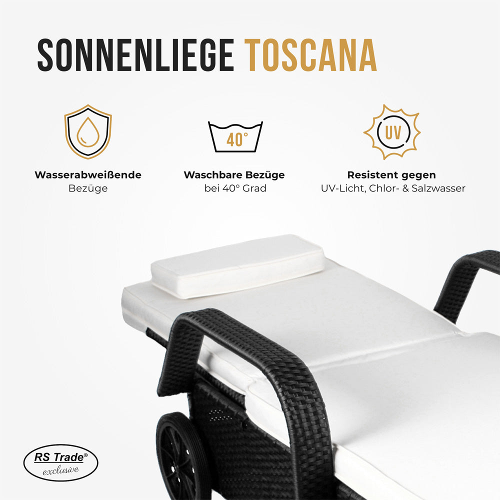 Schwarze Sonnenliege mit UV-Schutz und waschbarem und wasserabweißendem Bezug.