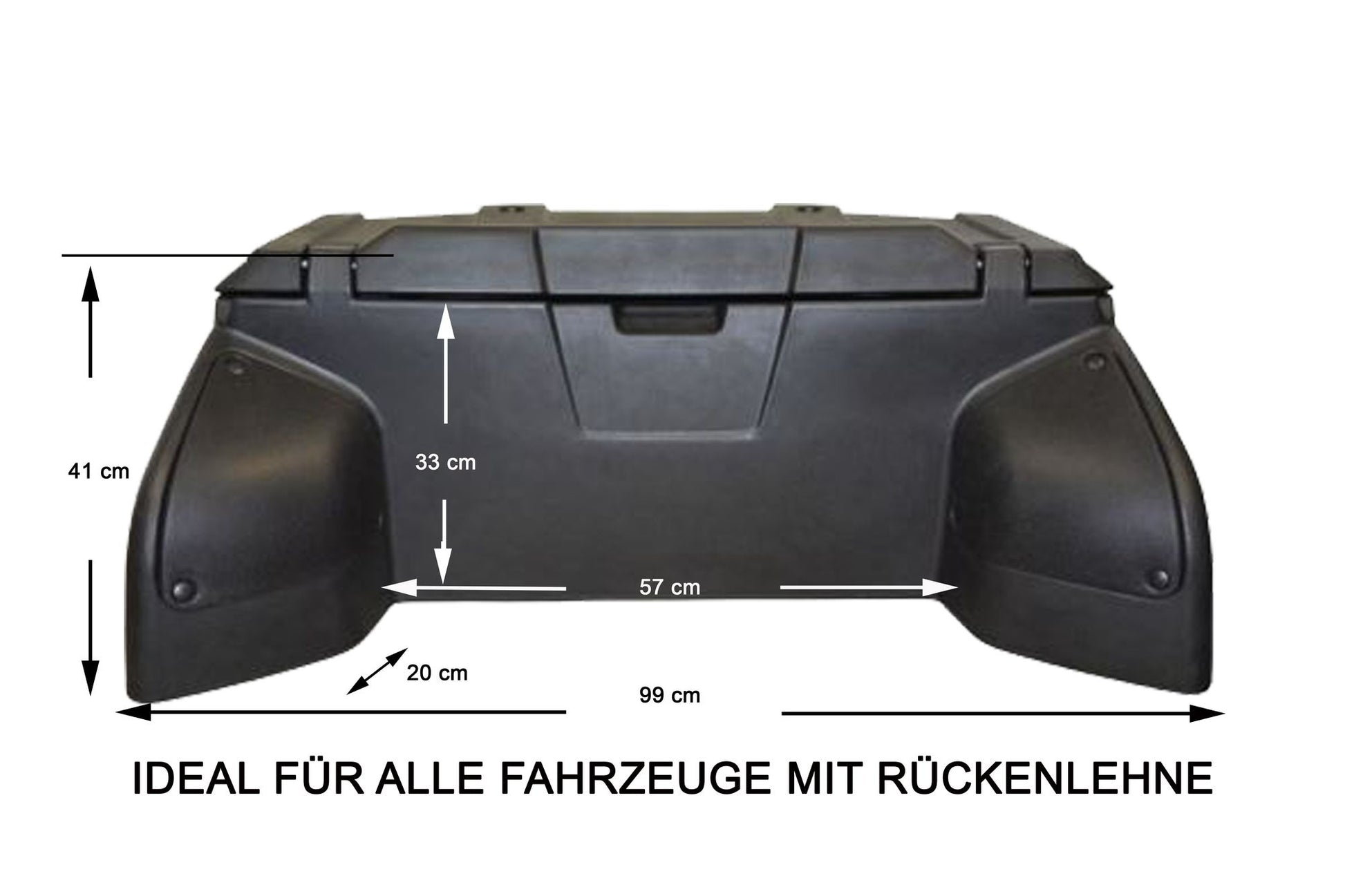 Schwarzer ATV-Koffer mit Rückenlehne, robust, Stauraum für Helme und Zubehör.