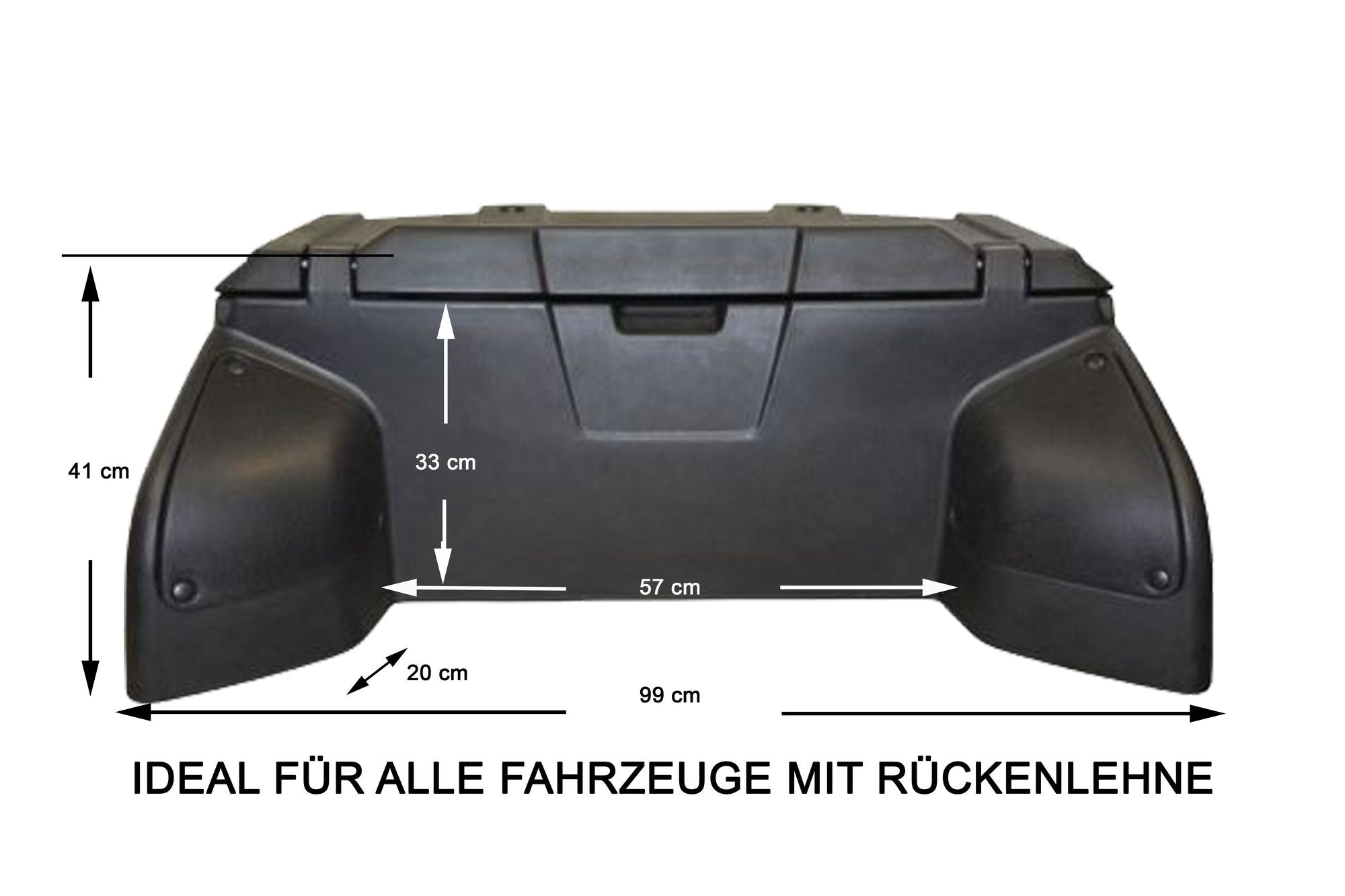 Schwarzer ATV-Koffer mit Rückenlehne, robust, Stauraum für Helme und Zubehör.