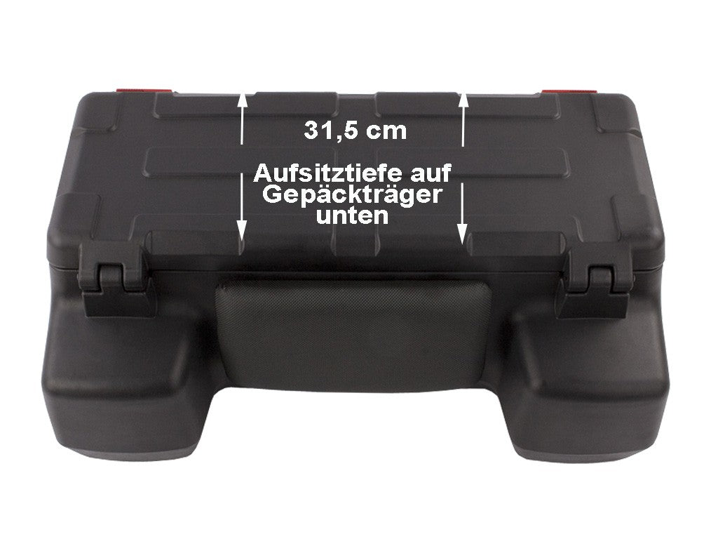 Schwarzer ATV-Quadkoffer mit Aufschrift "31,6 cm Auftrittstiefe auf Gepäckträger unten