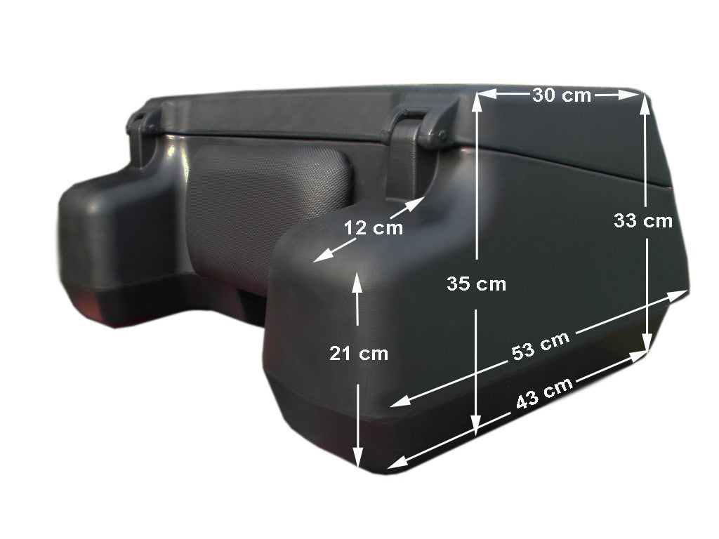 Schwarzer ATV-Quadkoffer mit aufgedruckten Maßangaben für Breite, Höhe und Tiefe.