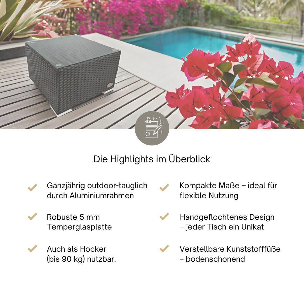 Schwarzer Rattan-Beistelltisch von RS Trade mit Glasplatte am Pool, umgeben von Blumen