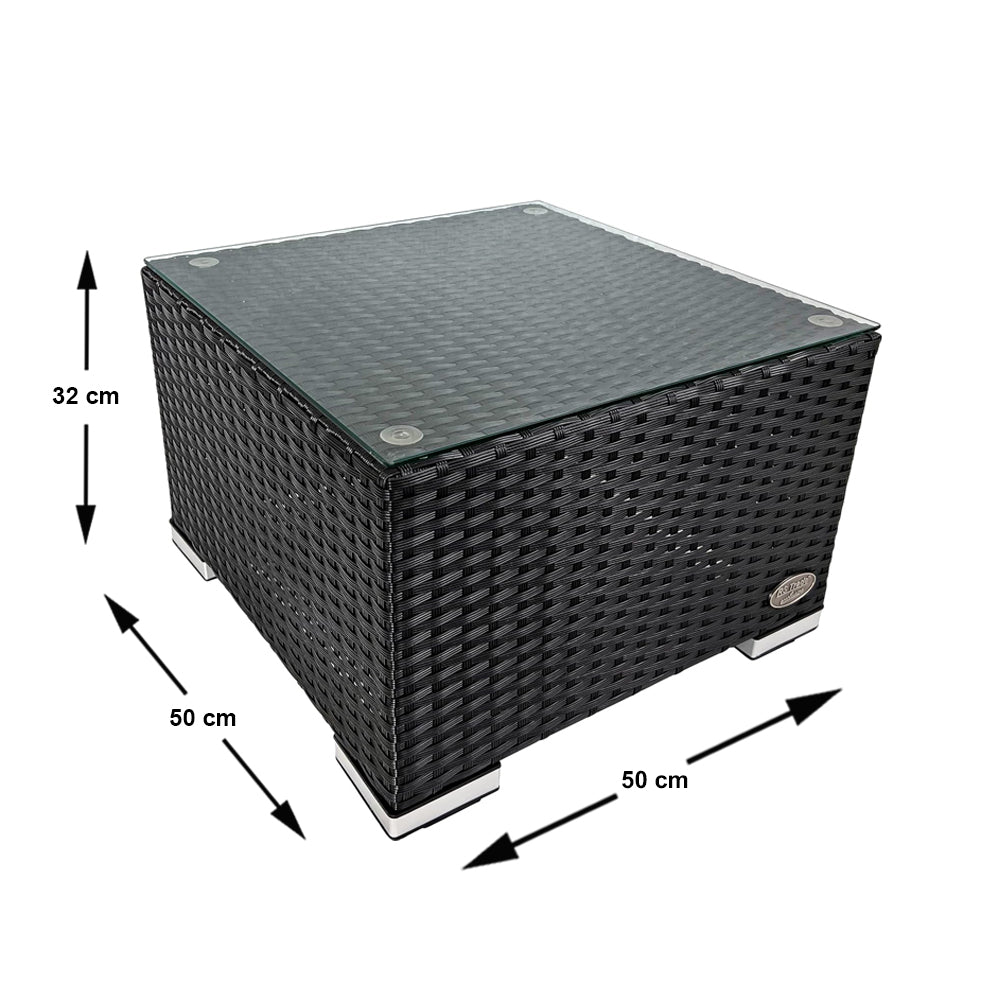 Schwarzer Rattantisch mit Glasplatte von RS Trade, quadratisch, 50 × 50 × 32 cm, mit Maßangaben