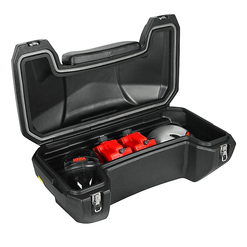 Schwarzer, robuster ATV-Koffer mit Reflektoren und Stauraum für Zubehör