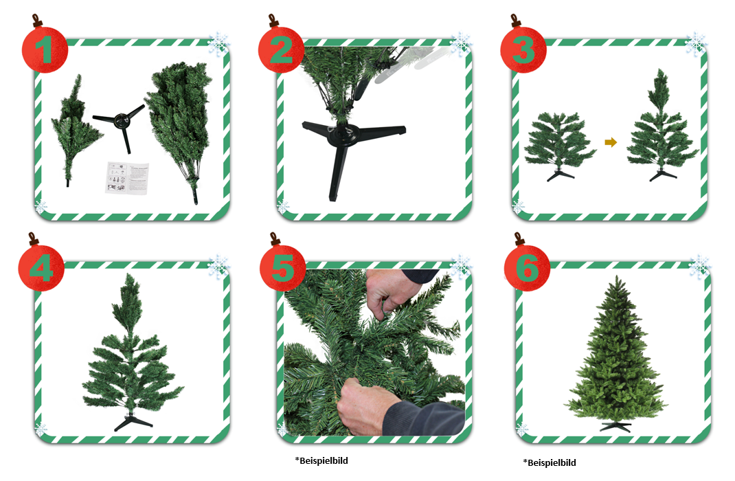 Schritt-für-Schritt-Aufbauanleitung für einen künstlichen Weihnachtsbaum, mit Bildern. 180 cm
