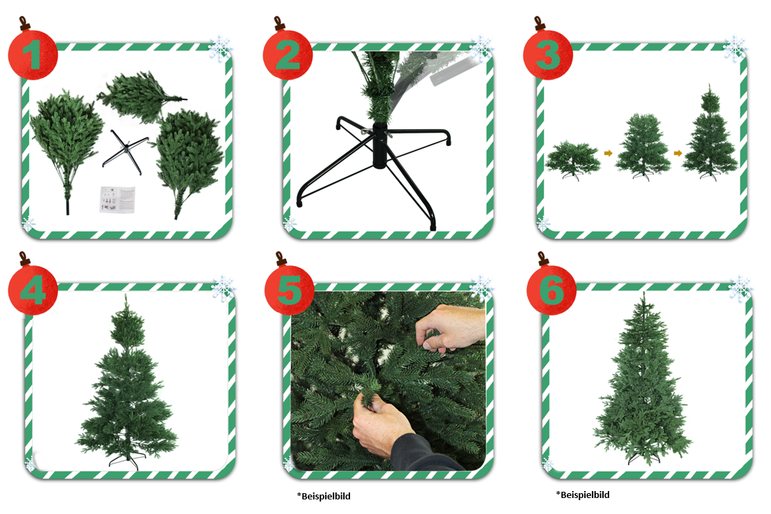 Sechs Schrittbilder zeigen den einfachen Aufbau eines künstlichen Weihnachtsbaums. 195 cm