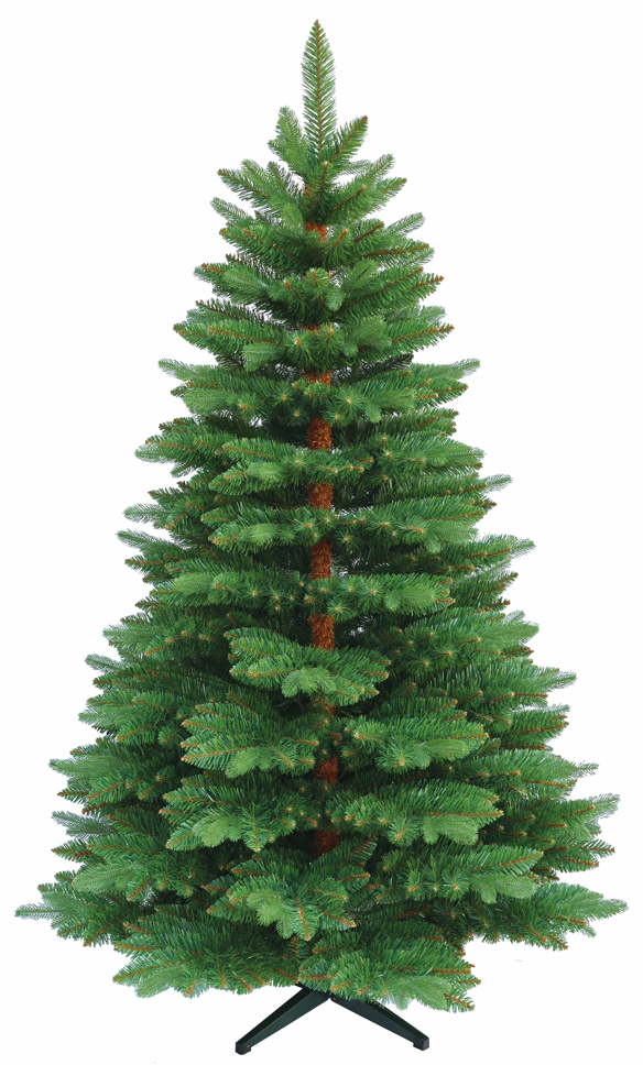 Grüner künstlicher Weihnachtsbaum mit breiten Zweigen, auf schwarzem Baumständer stehend. 210 cm
