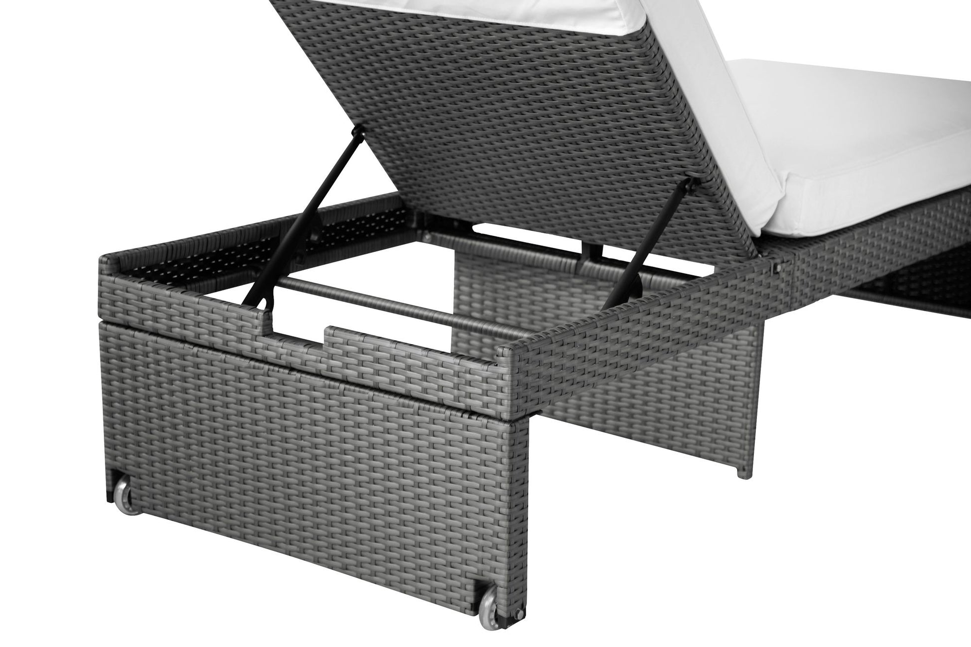 Silberne Rattan-Liege mit verstellbarer Rückenlehne und Stauraum unter der Sitzfläche